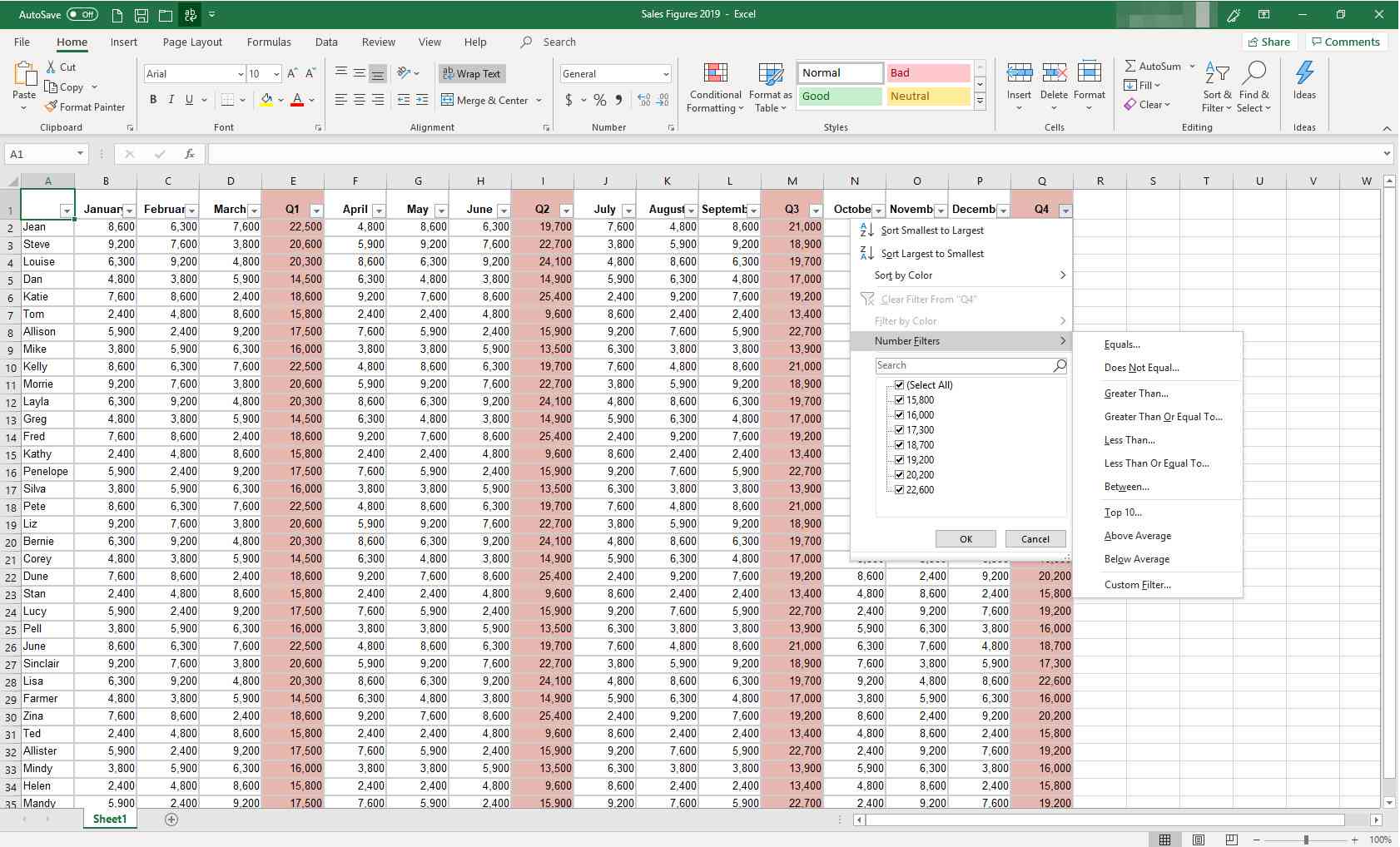 MS Excel med dialogrutan filter visas