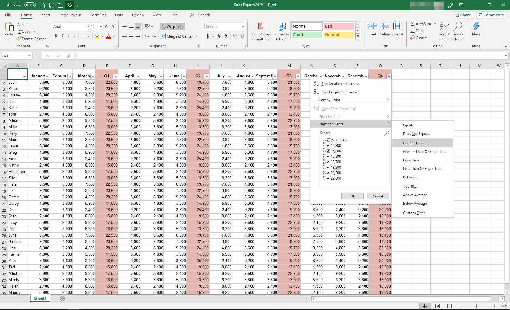 MS Excel med filtreringsmeny visas