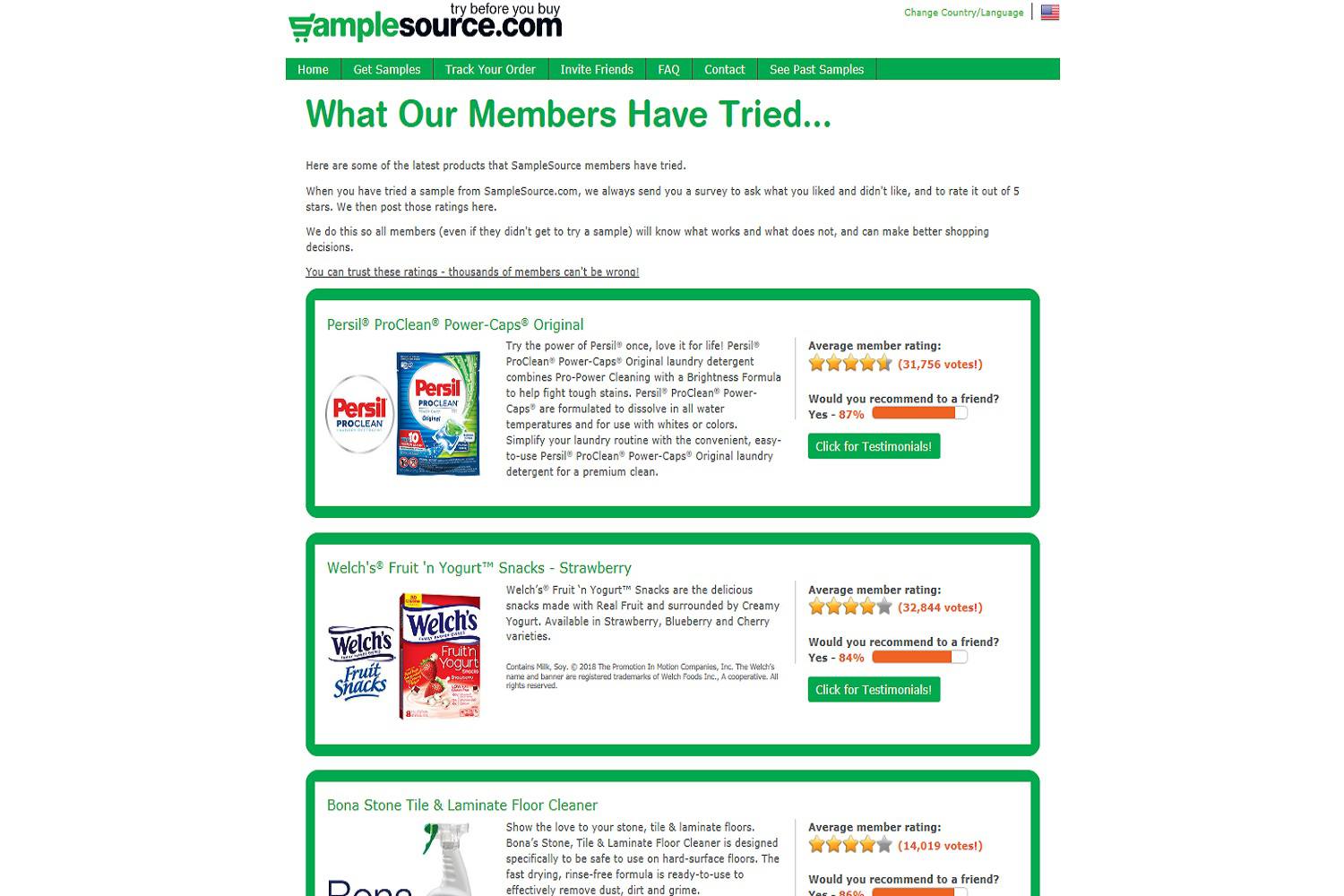 En skärmdump av SampleSource.com-webbplatsen som visar tidigare gratisprover, inklusive gratis livsmedelsprover.