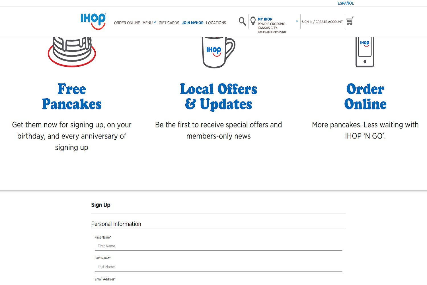En skärmdump av IHOP: s MyHop-registreringswebbplats.  Kunder som registrerar sig för MyHop kan få gratis pannkakor bara för att registrera sig.