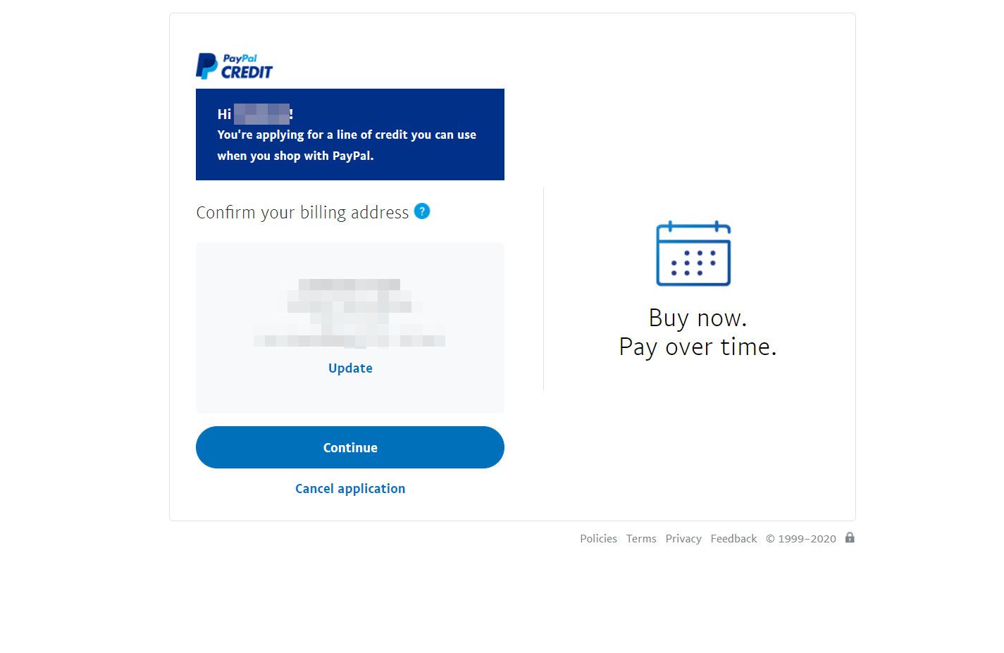 Skärmdump av PayPal-kreditansökan