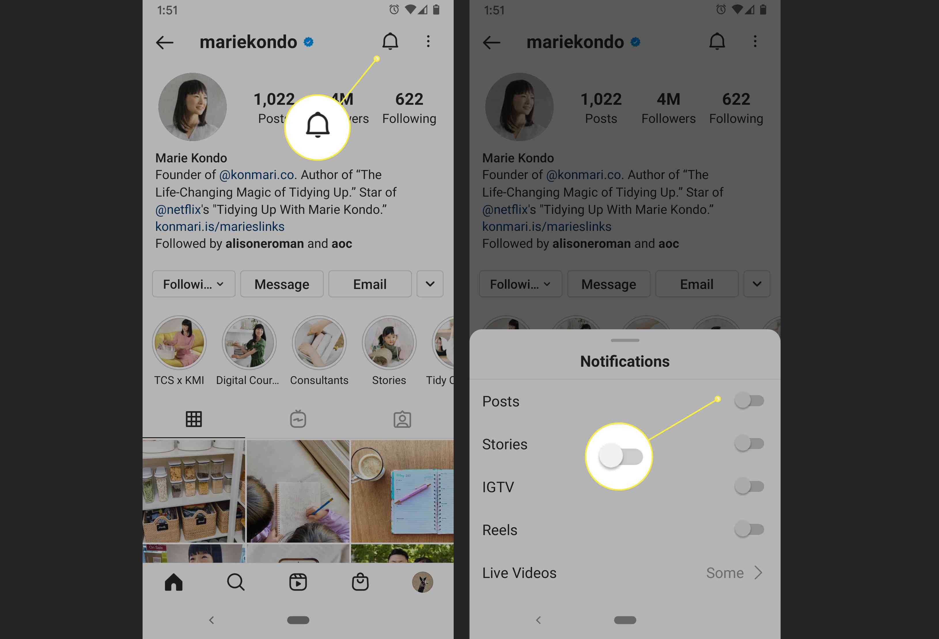 En Instagram-användare aktiverar aviseringar för ett enskilt konto