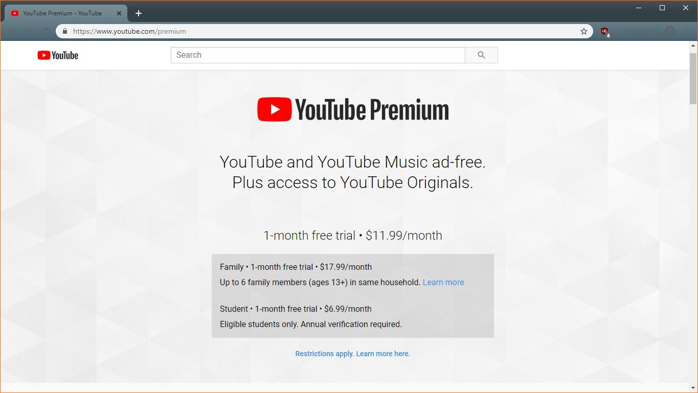 En skärmdump av YouTube Premium-studentrabatten.
