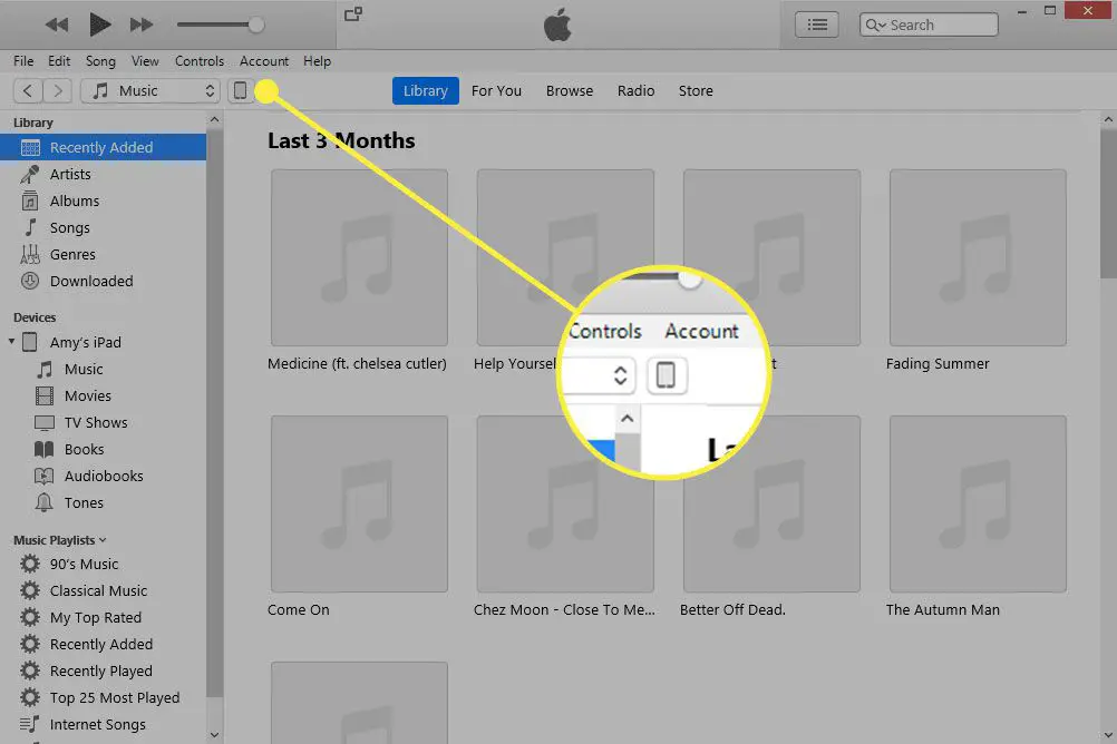 iTunes med enhetsikonen markerad