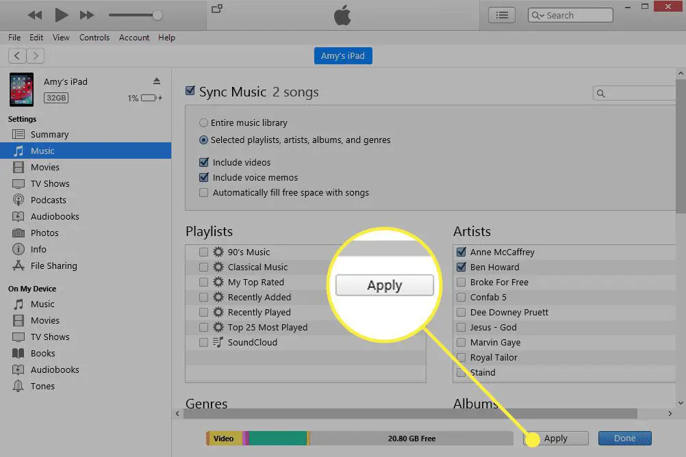 iTunes med Apply-knappen markerad