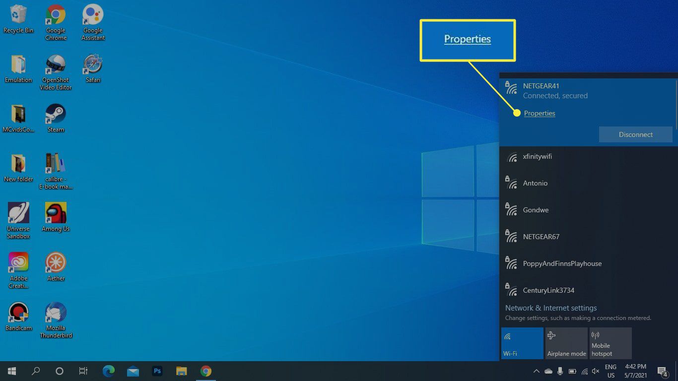 Egenskaper markerade under Wi-Fi-nätverk i Windows 10