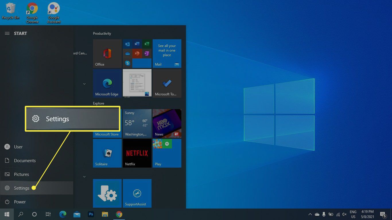 Inställningar markerade i Windows 10 startmeny