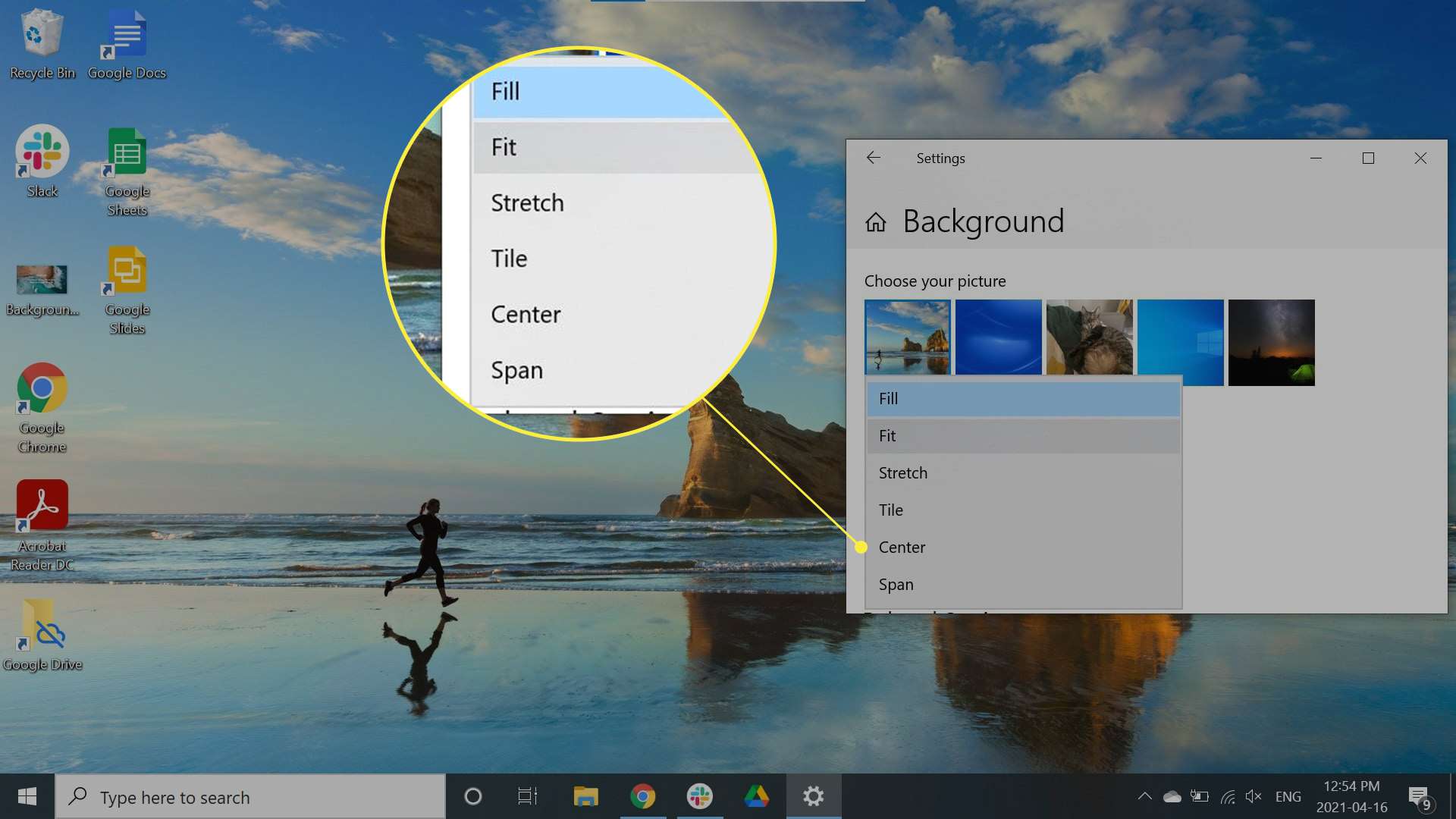 Välj ett Fit Background-alternativ markerat i Windows 10.