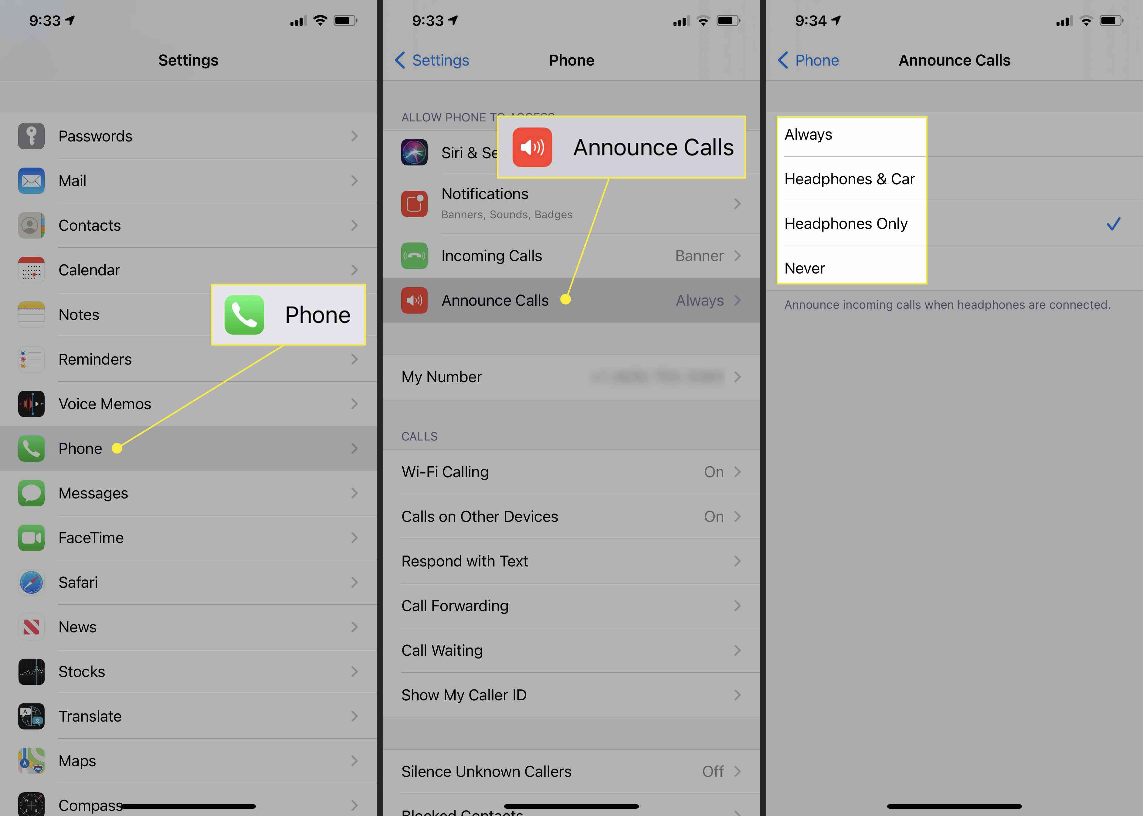 Ställer in alternativet att meddela samtal på AirPods på iPhone.