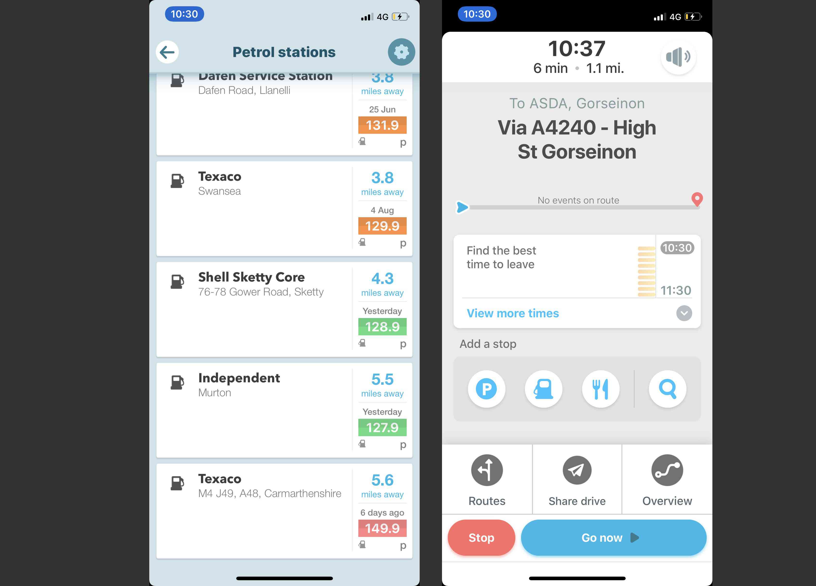 Waze iOS-app som visar avancerad information inklusive bensinstationspriser