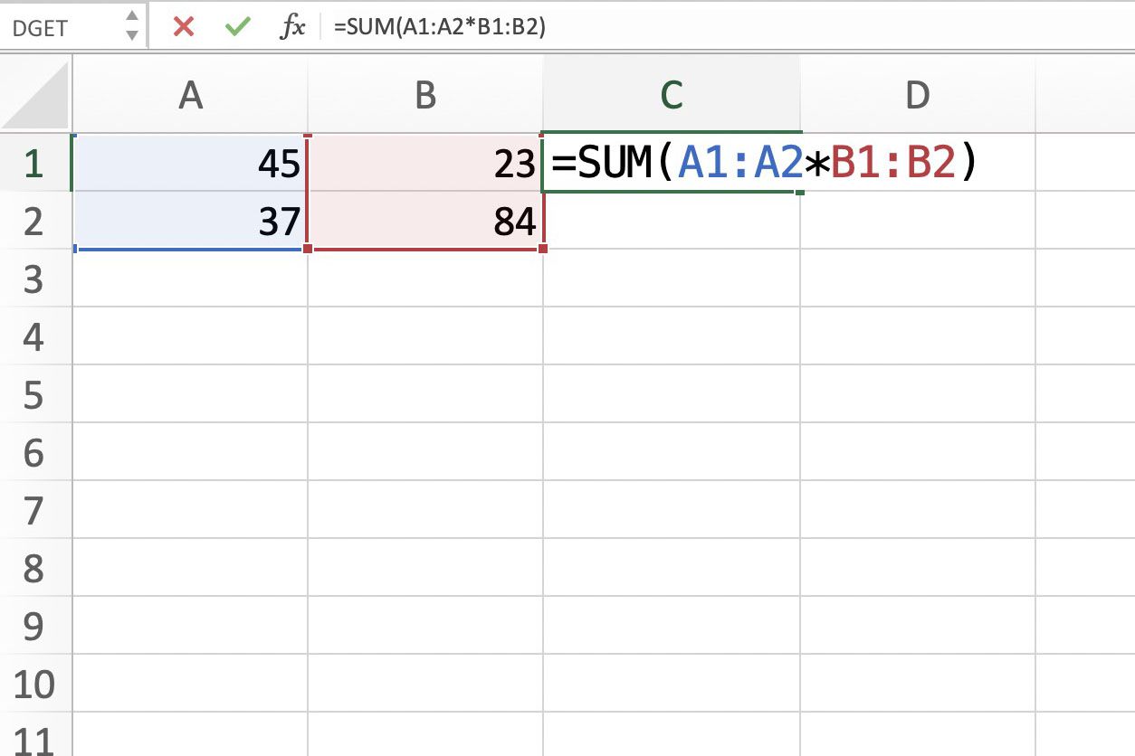 Skärmdump av Excel som visar en enda cellmatris