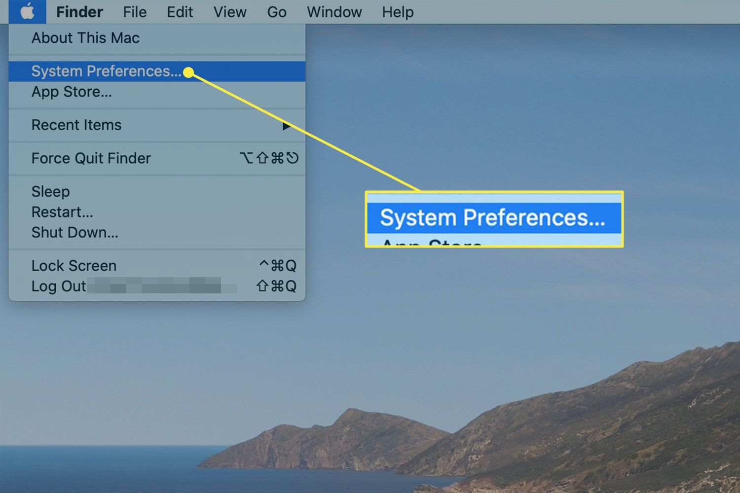 En skärmdump av Apple-menyn på en Mac med kommandot Systeminställningar markerad