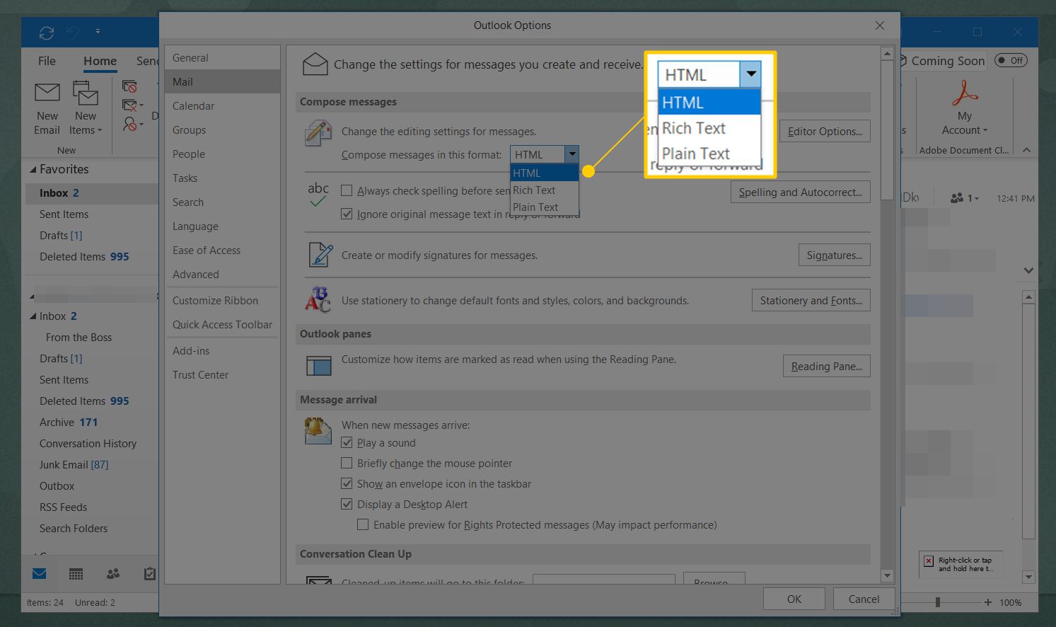 Skapa meddelandeformat: HTML, rik text, vanlig text i Outlook