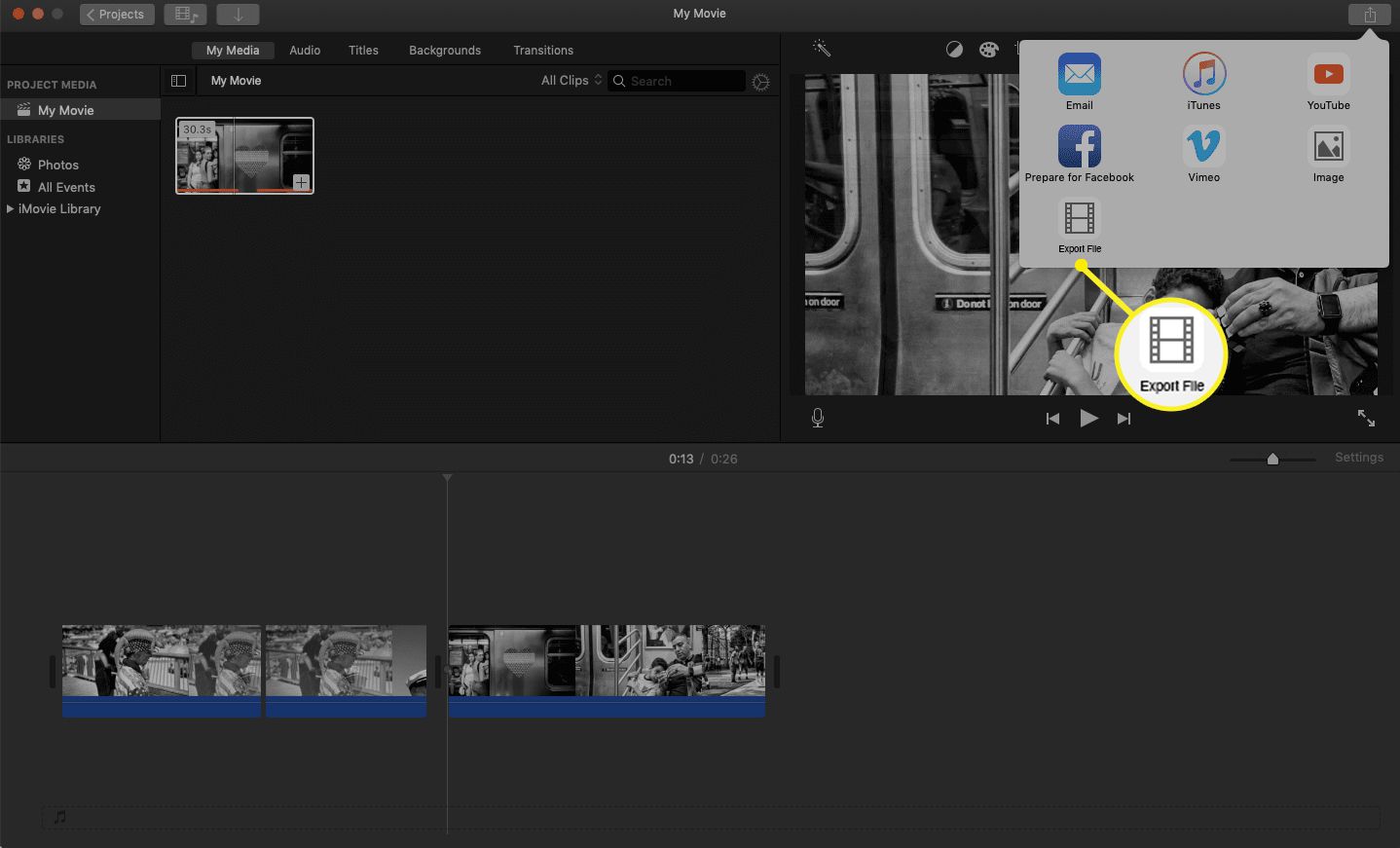 iMovie-delningsflik med ikonen Exportera fil markerad.