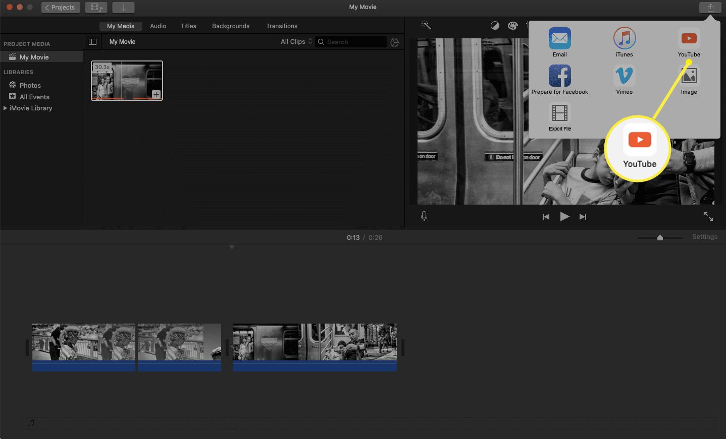 iMovies delningsflik med You Tube-ikonen markerad.