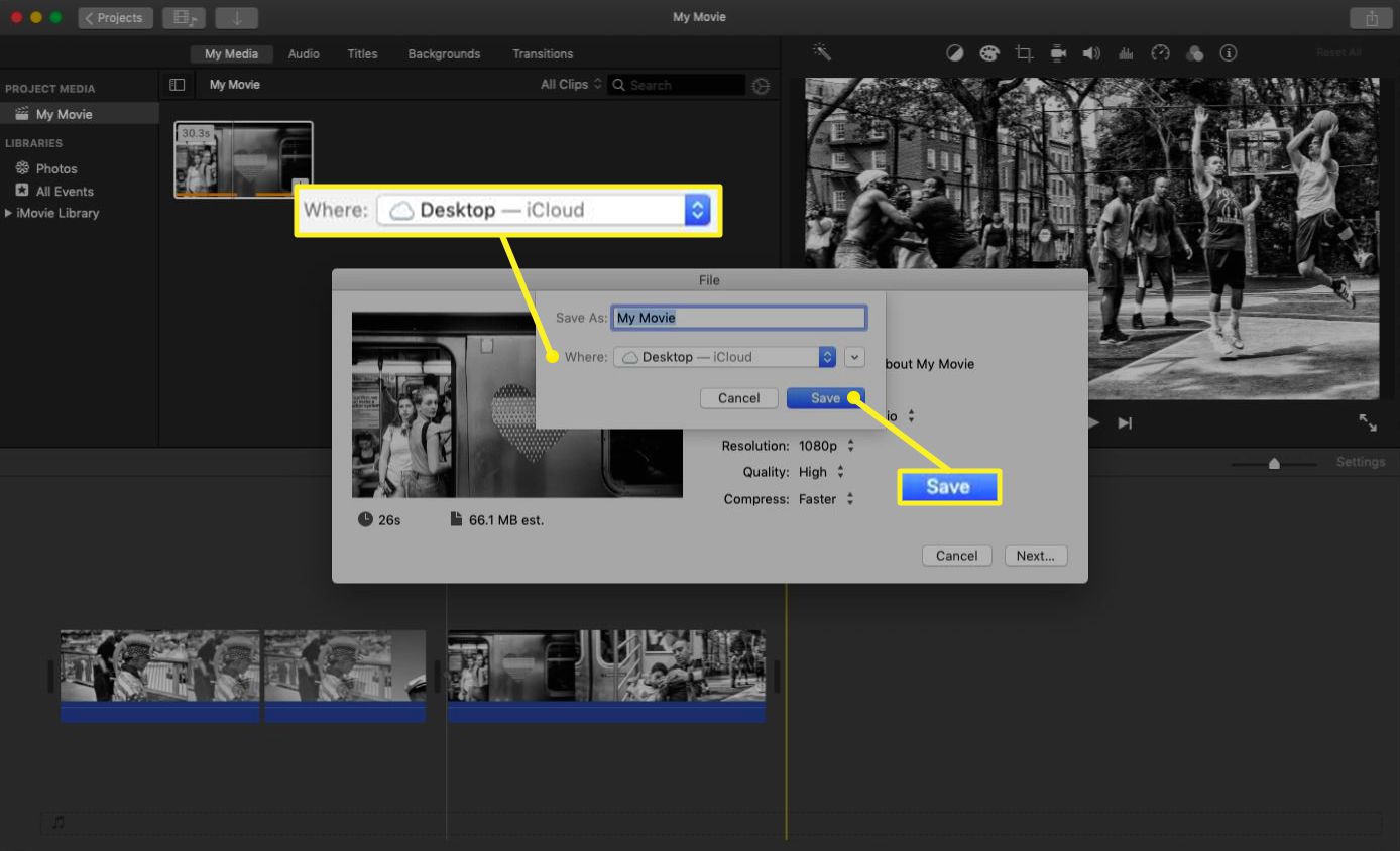 iMovie-filexport med exportalternativen markerade.
