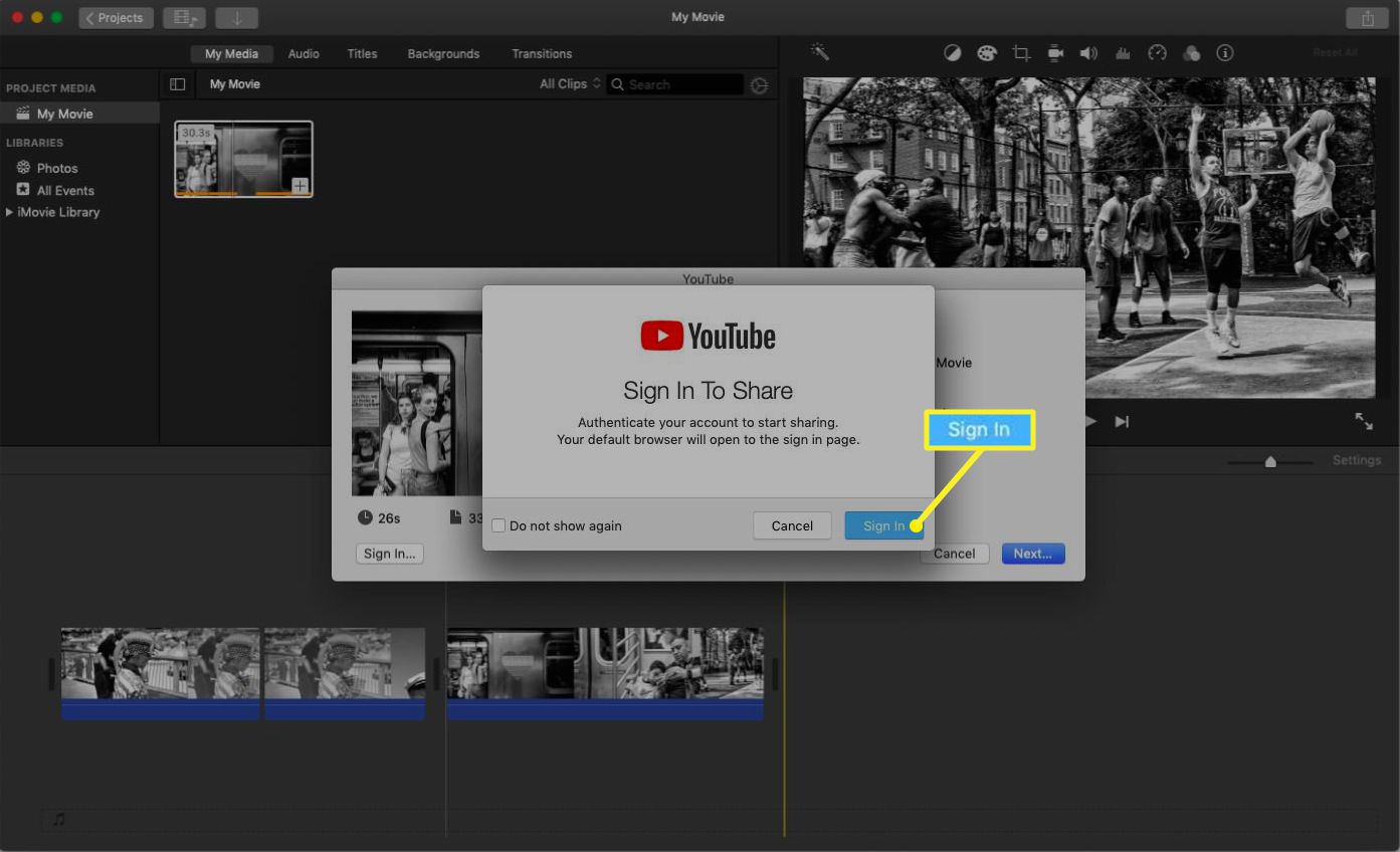 iMovie visar en popup-meny för YouTube-inloggning.