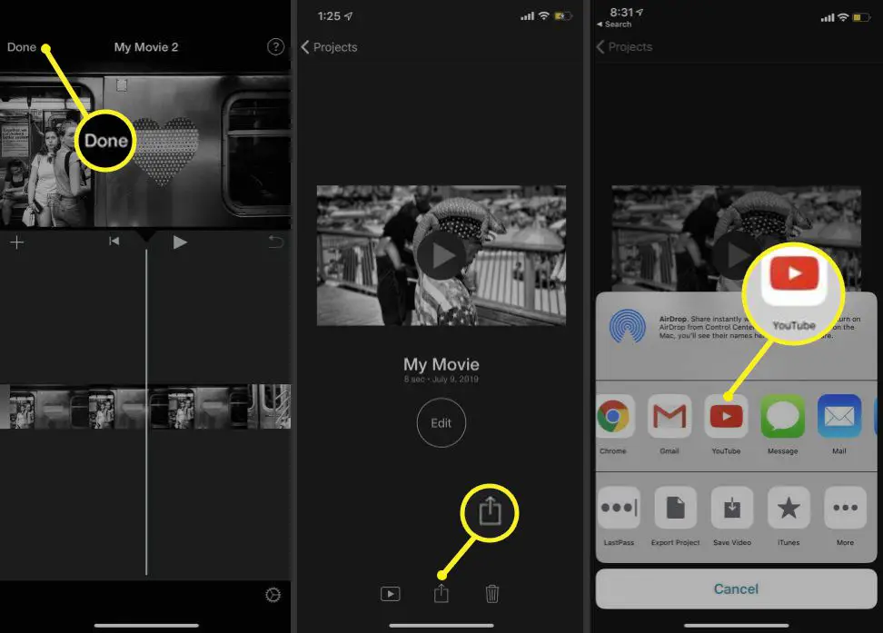 Exportera en iMovie för iOS till YouTube i delningsfältet