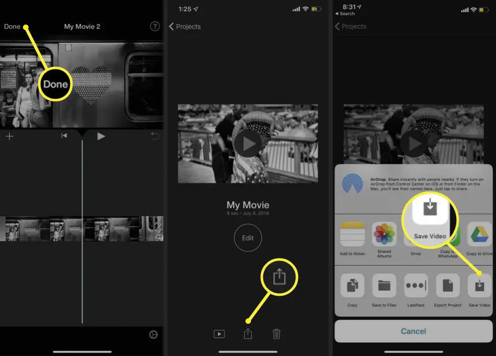 iOS iMovie-sökväg till alternativet Spara video