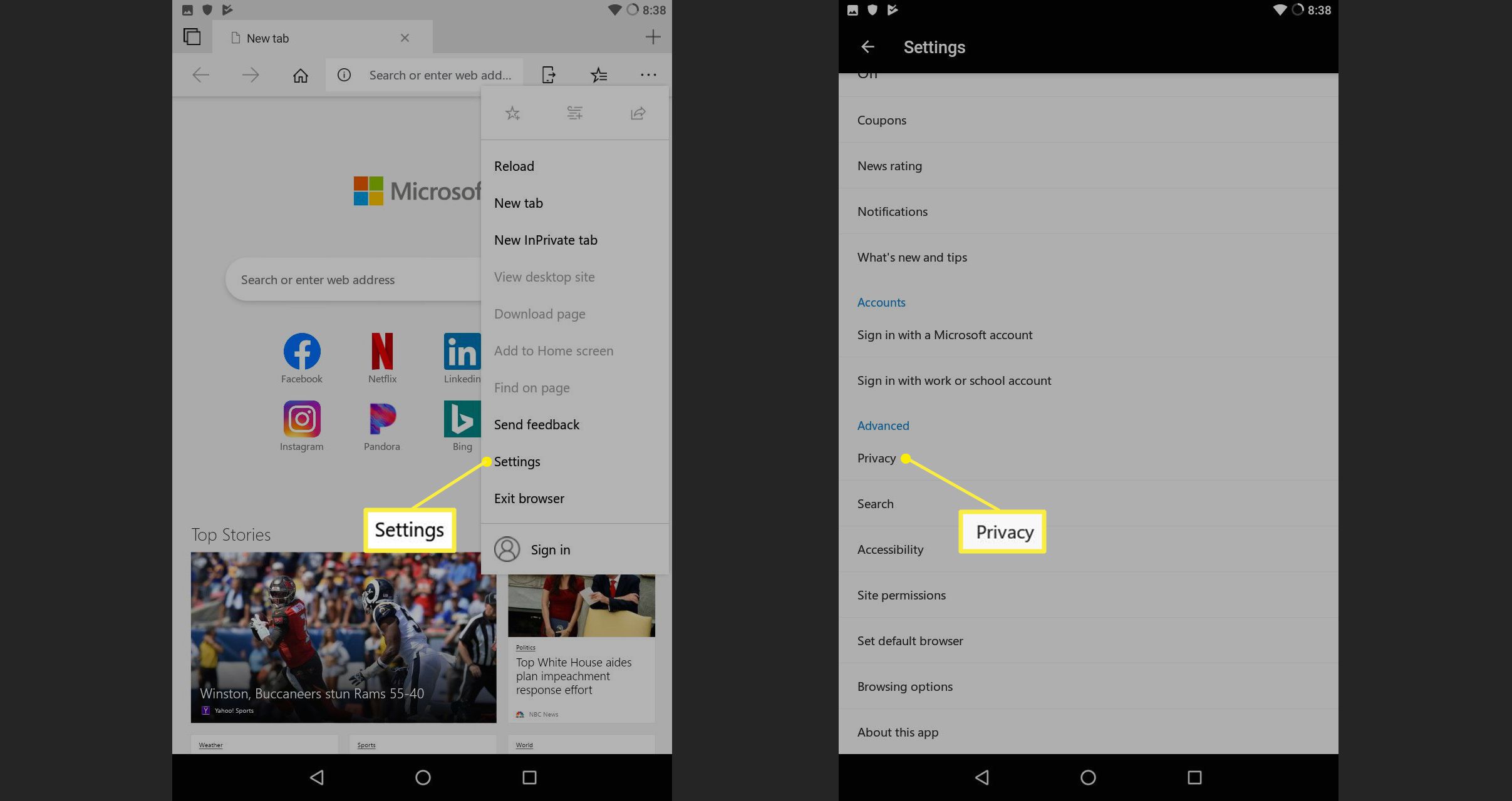 Android Microsoft Edge-inställningar med sekretess valt