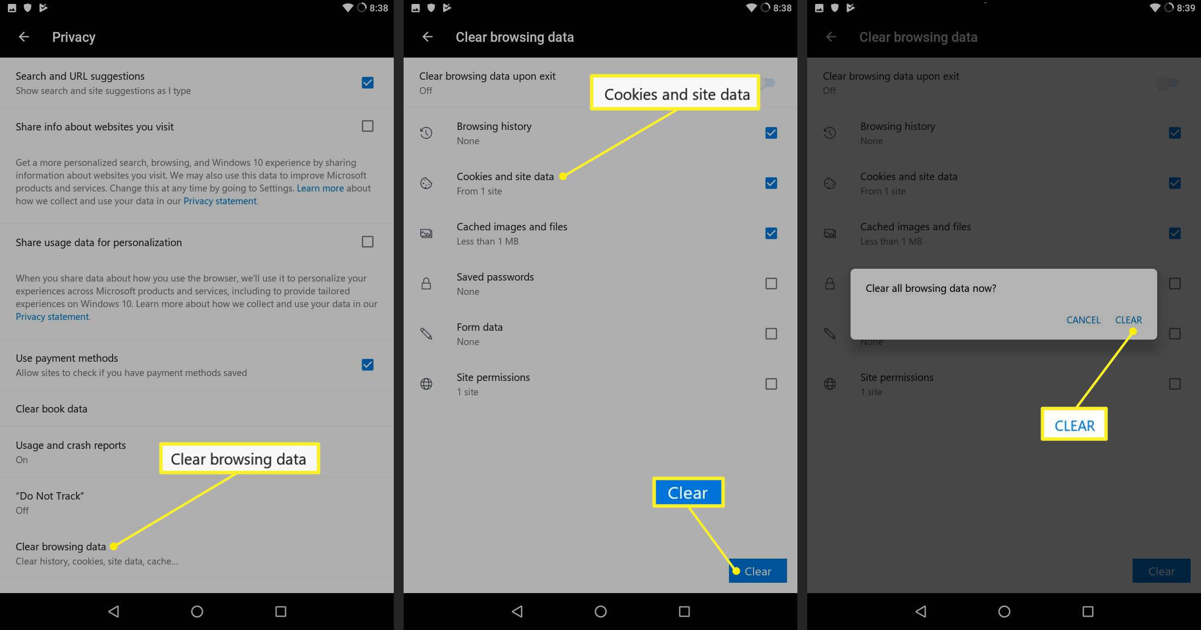 Microsoft Edge Android sekretessinställningar