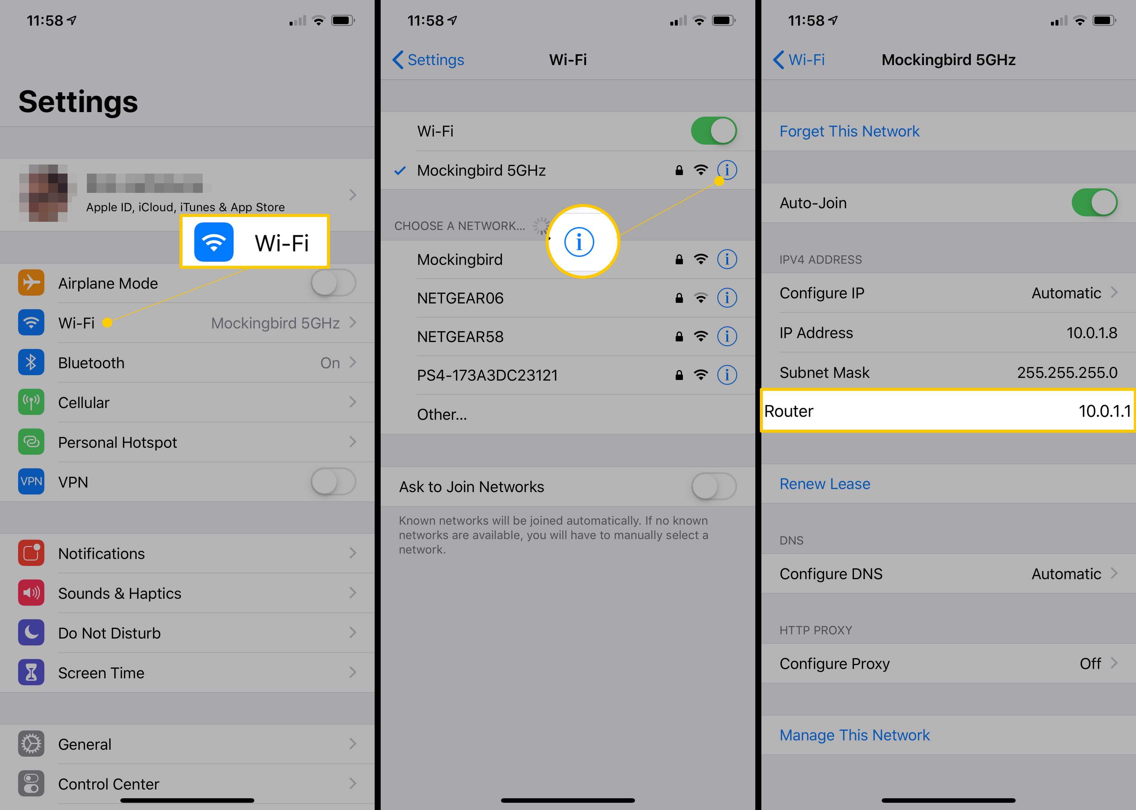 Informationsskärmar för Wi-Fi, Info och Router i iOS-inställningar