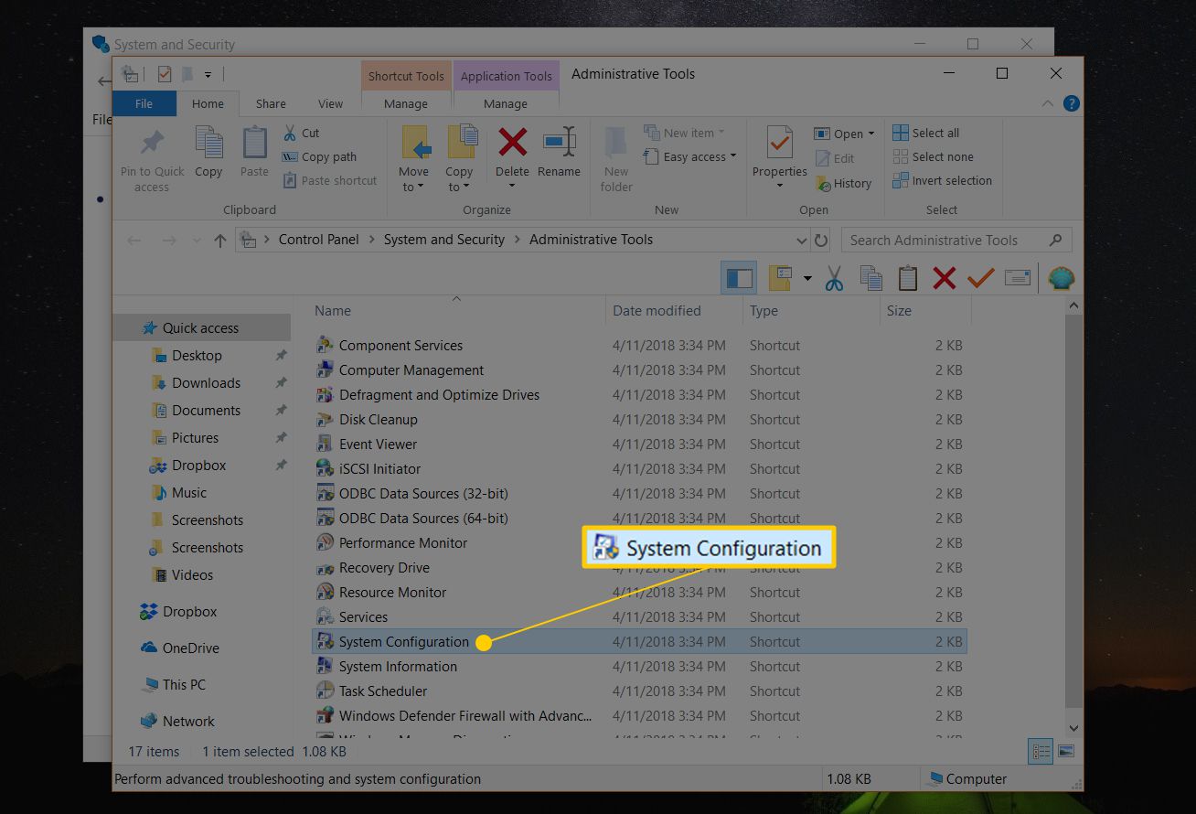Systemkonfigurationsikon i administrativa verktyg i Windows 10