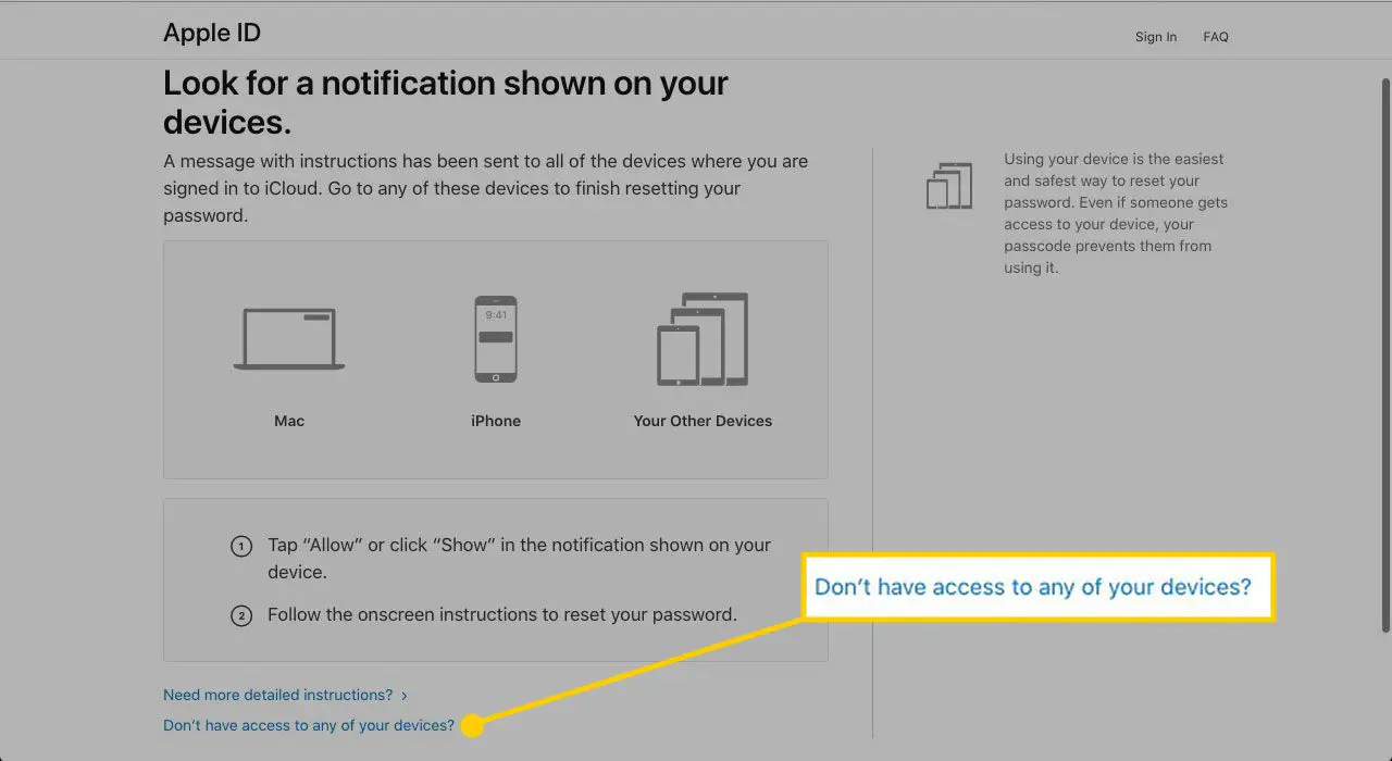 Webbplats som visar instruktioner för att återställa ett Apple ID-lösenord med "Har du inte tillgång till någon av dina enheter?" markerad