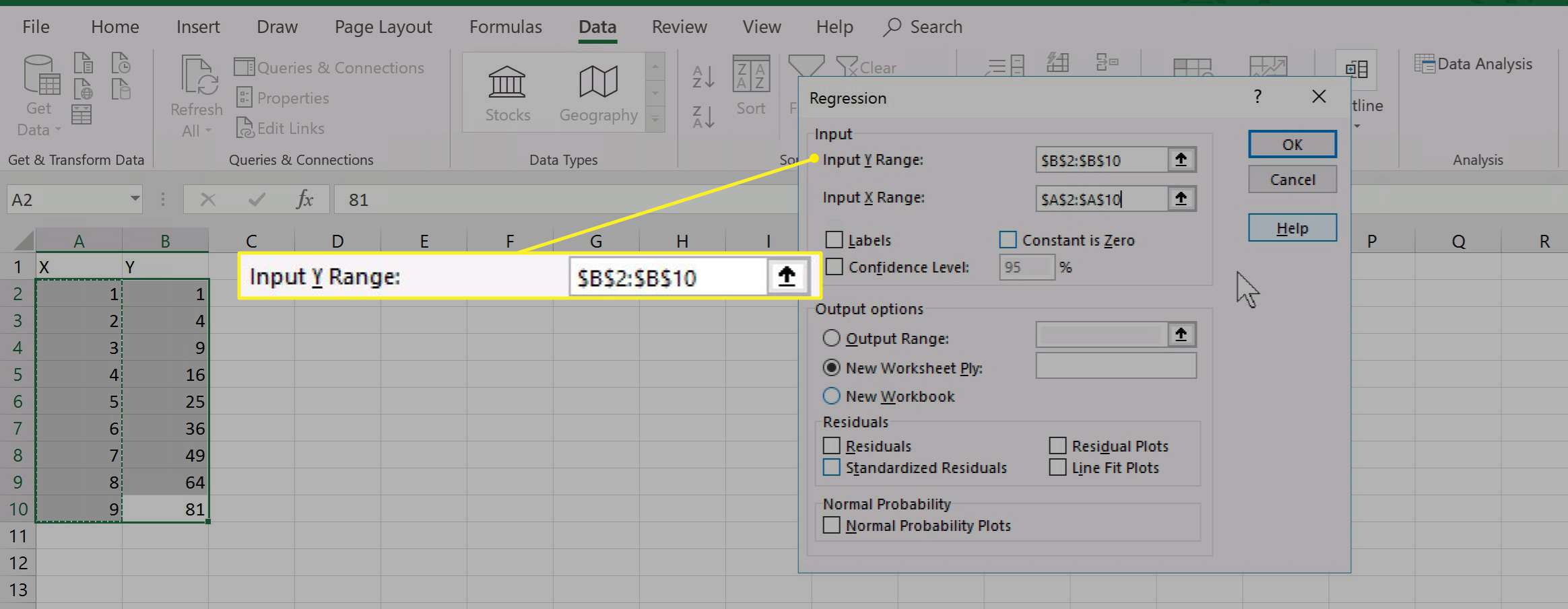 Excel-regressionsalternativ med Input Y Range markerat