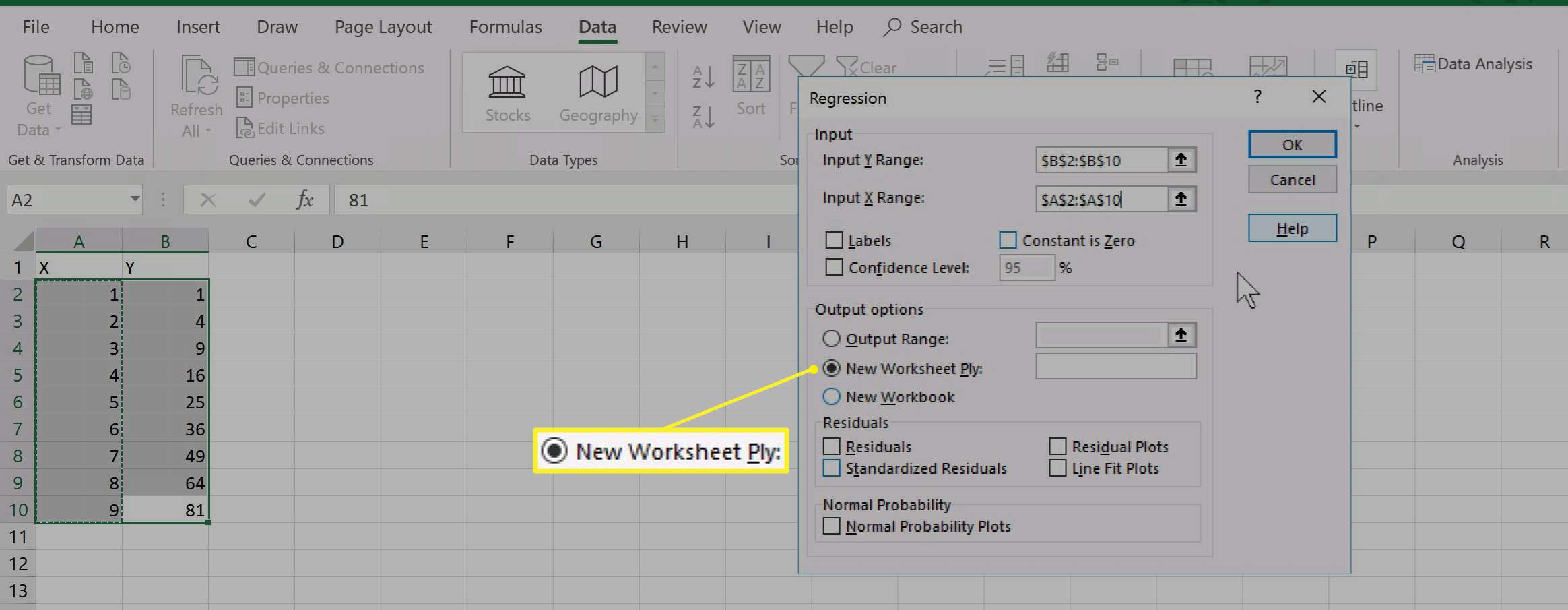 Excel-regressionsutmatningsalternativ med nytt kalkylblad valt