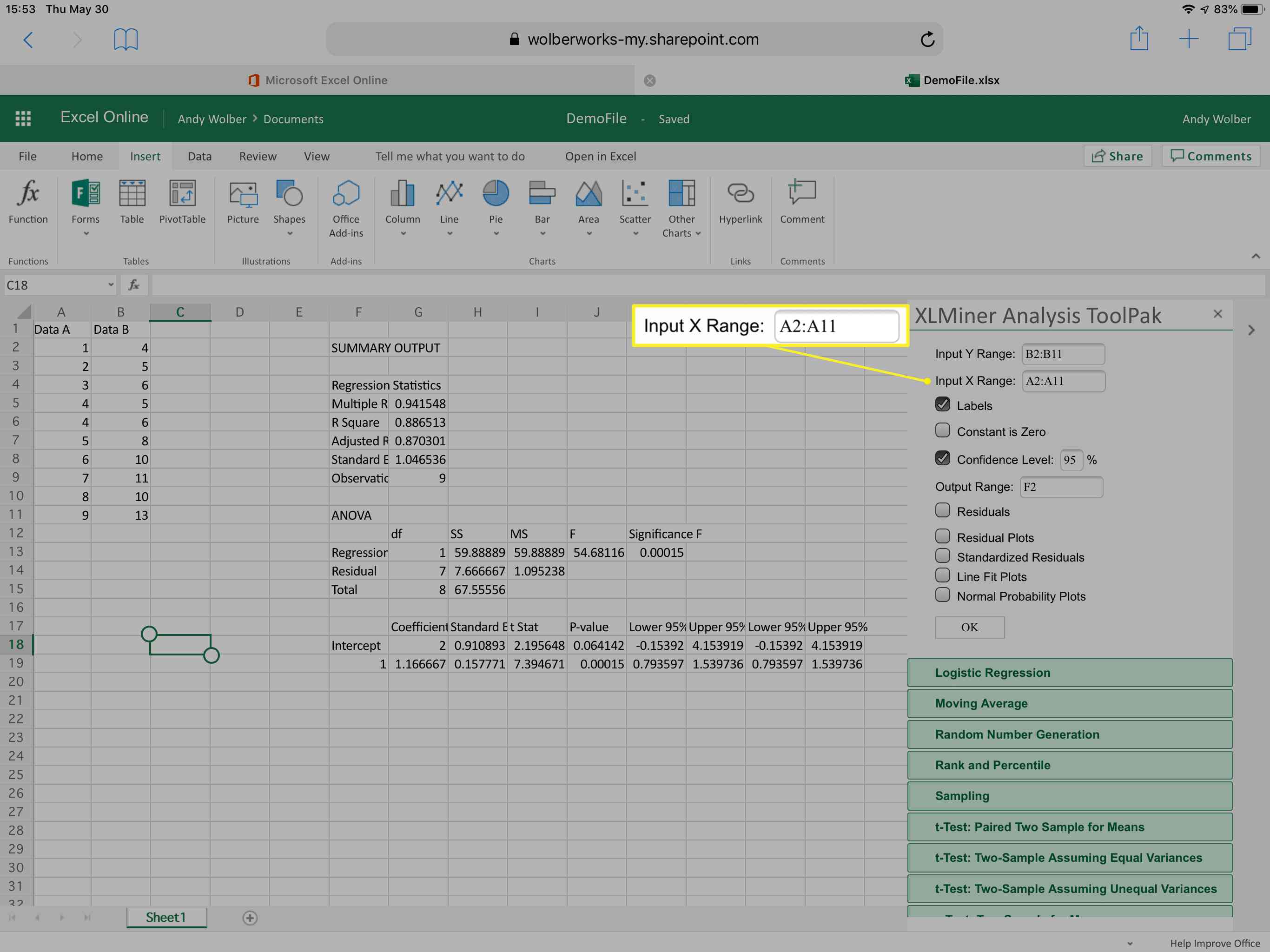 Linjära regressionsfält visas i XLMiner Analysis ToolPak med Input X Range markerat