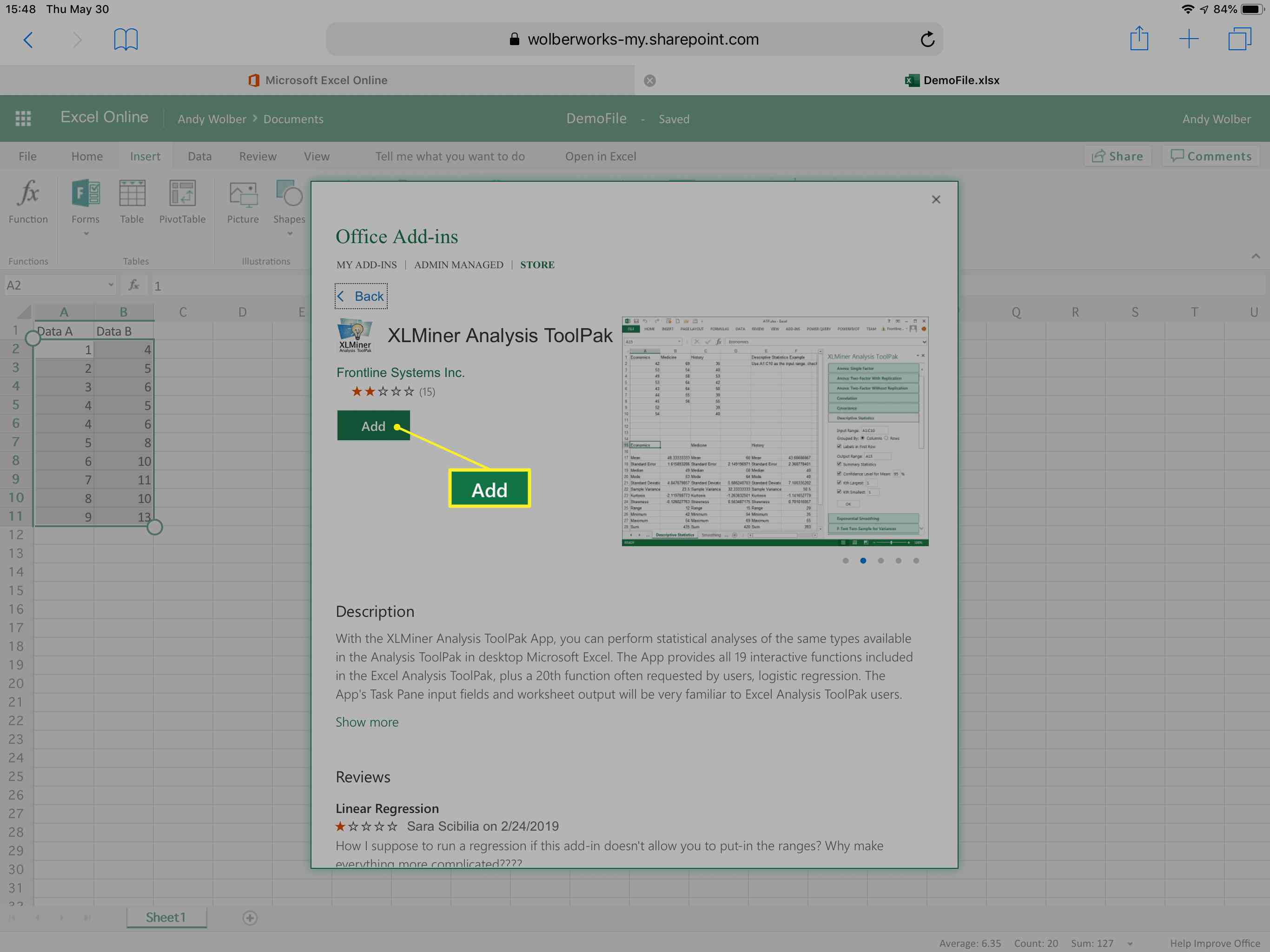 XLMiner Analysis ToolPak med Lägg till-knapp markerad