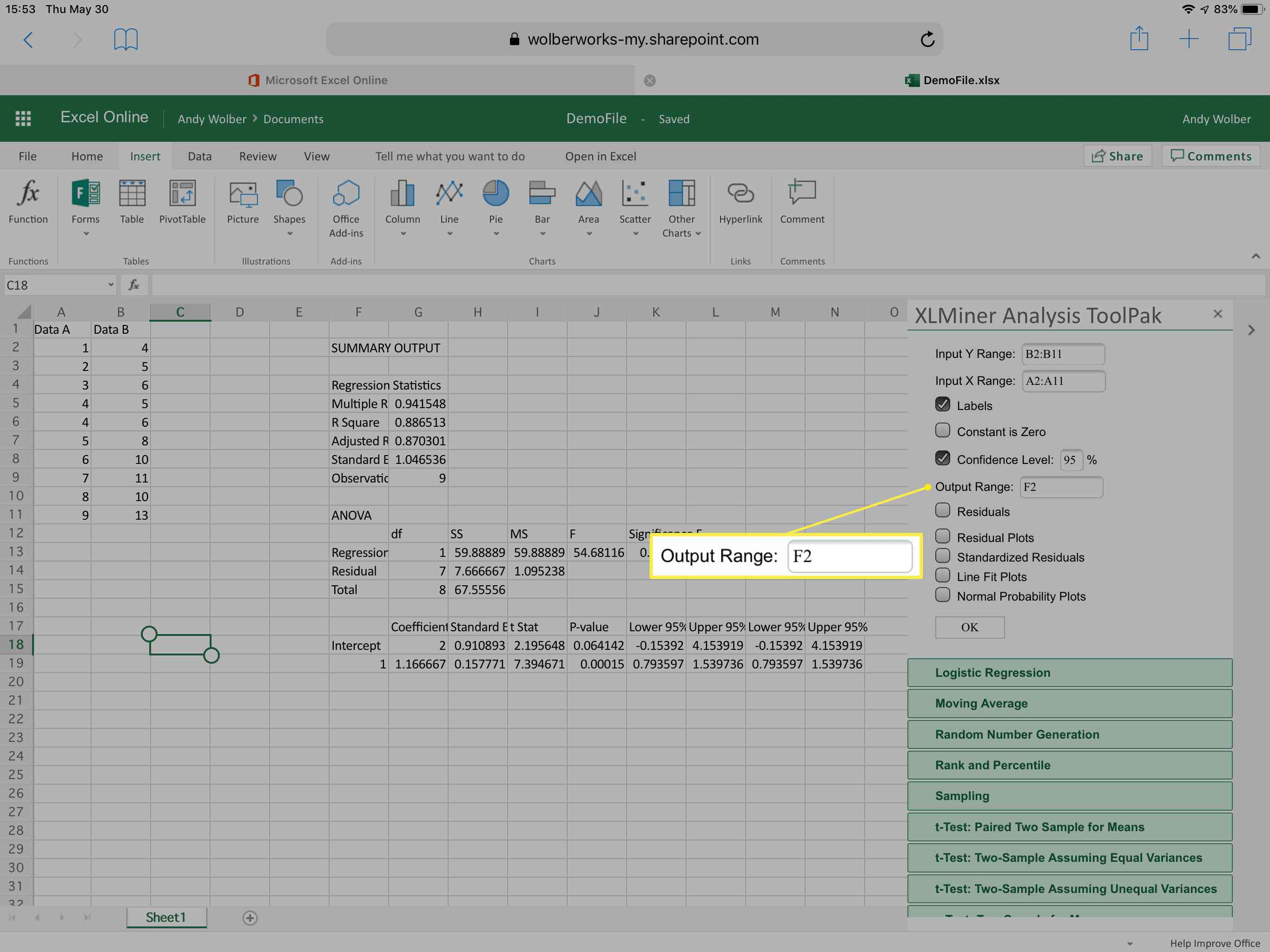 Output Range i XLMiner Analysis Toolpak