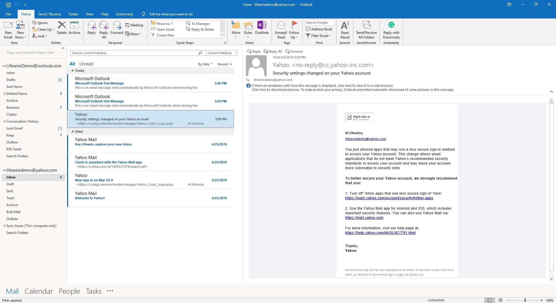 E-postmeddelanden i en Yahoo-inkorg i Outlook.