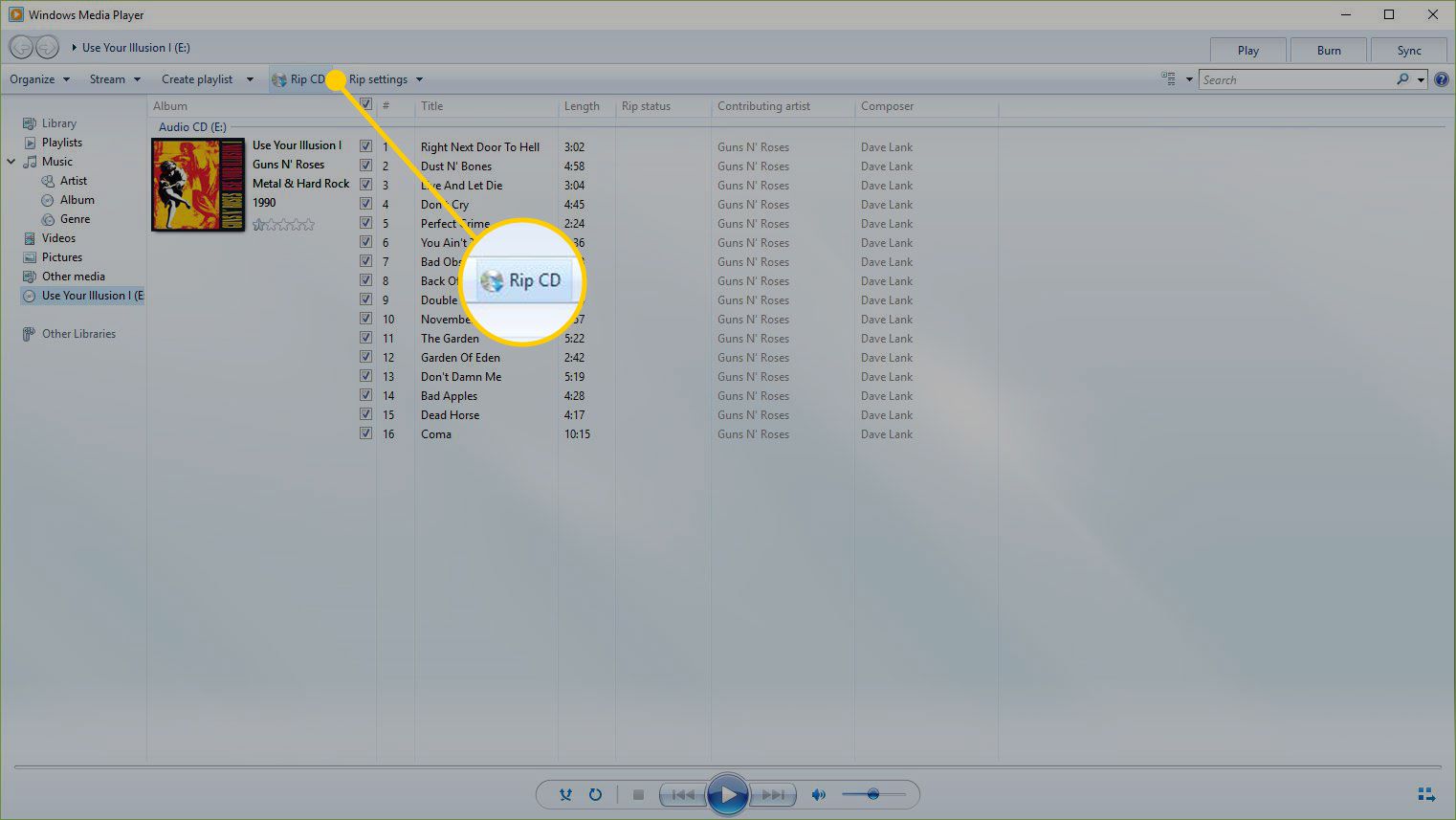Windows Media Player med Rip CD-knappen markerad