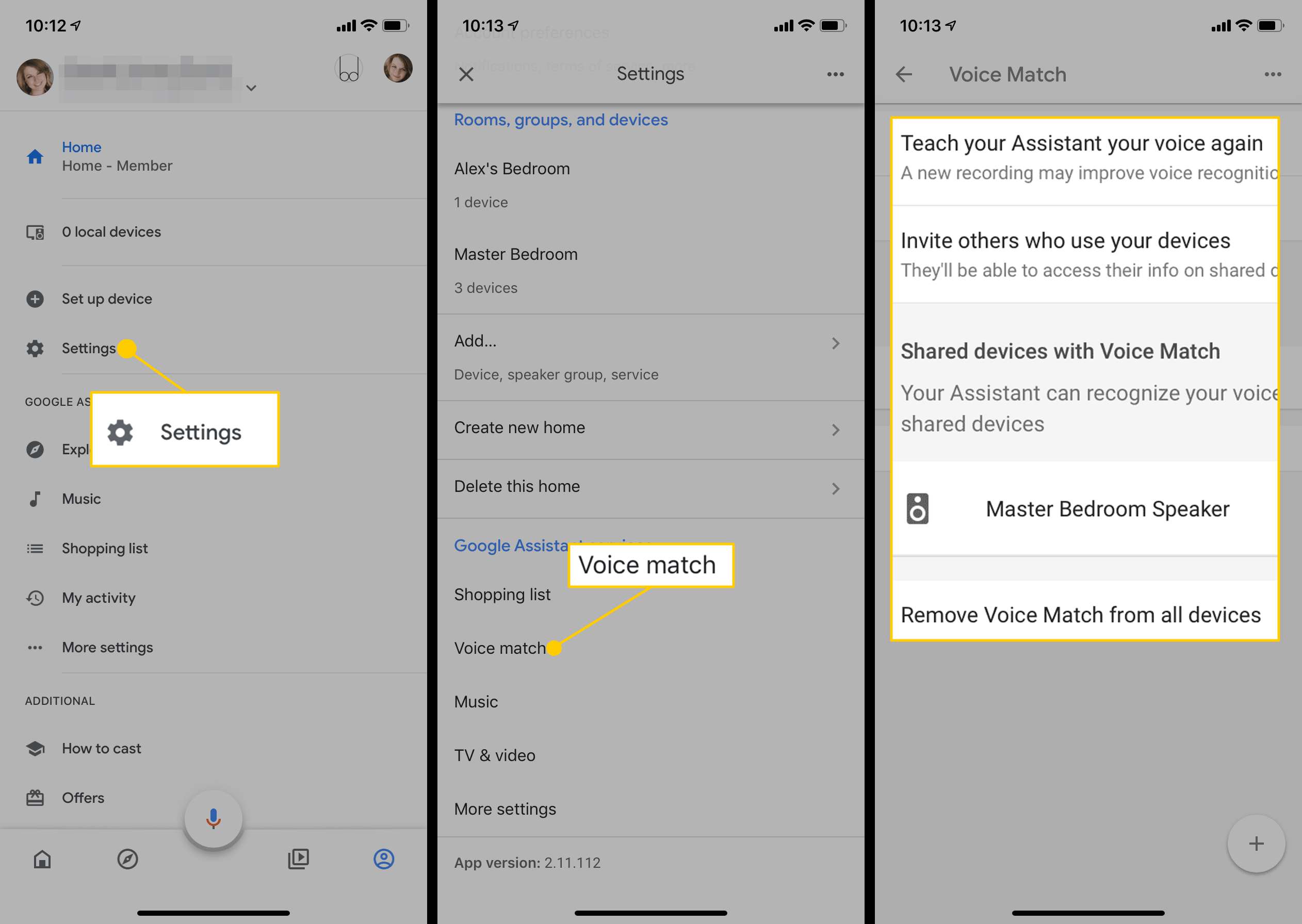 Så här kommer du till Voice Match-alternativ i Google Home-appen.