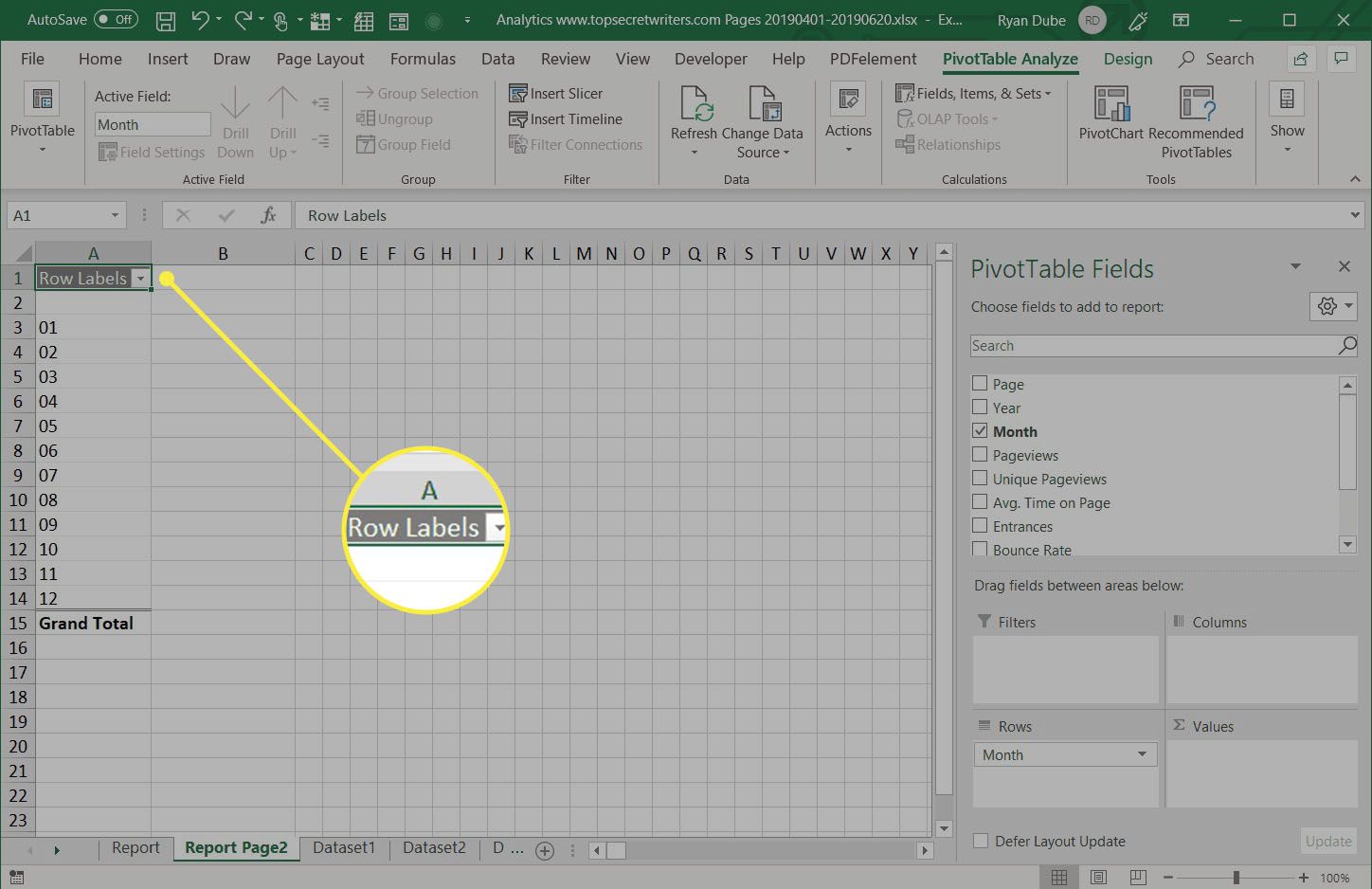 välja data som ska analyseras i pivottabellen