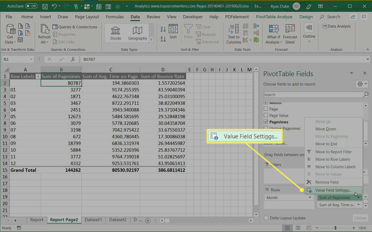 Värde fältinställningar i en pivottabell.