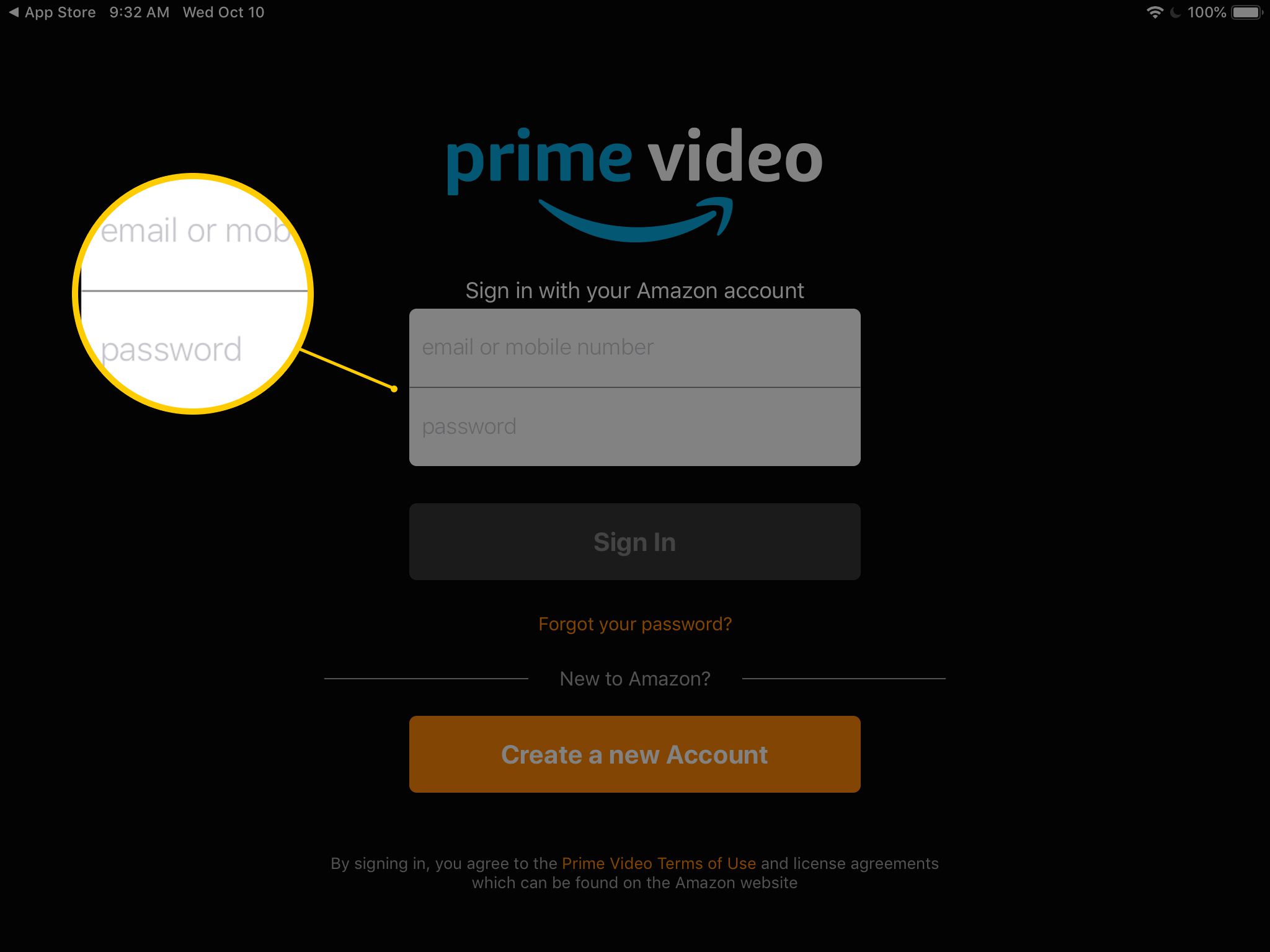 Skärmdump av inloggningsformulär för Prime Video på iPad, inklusive e-post- och lösenordsfält