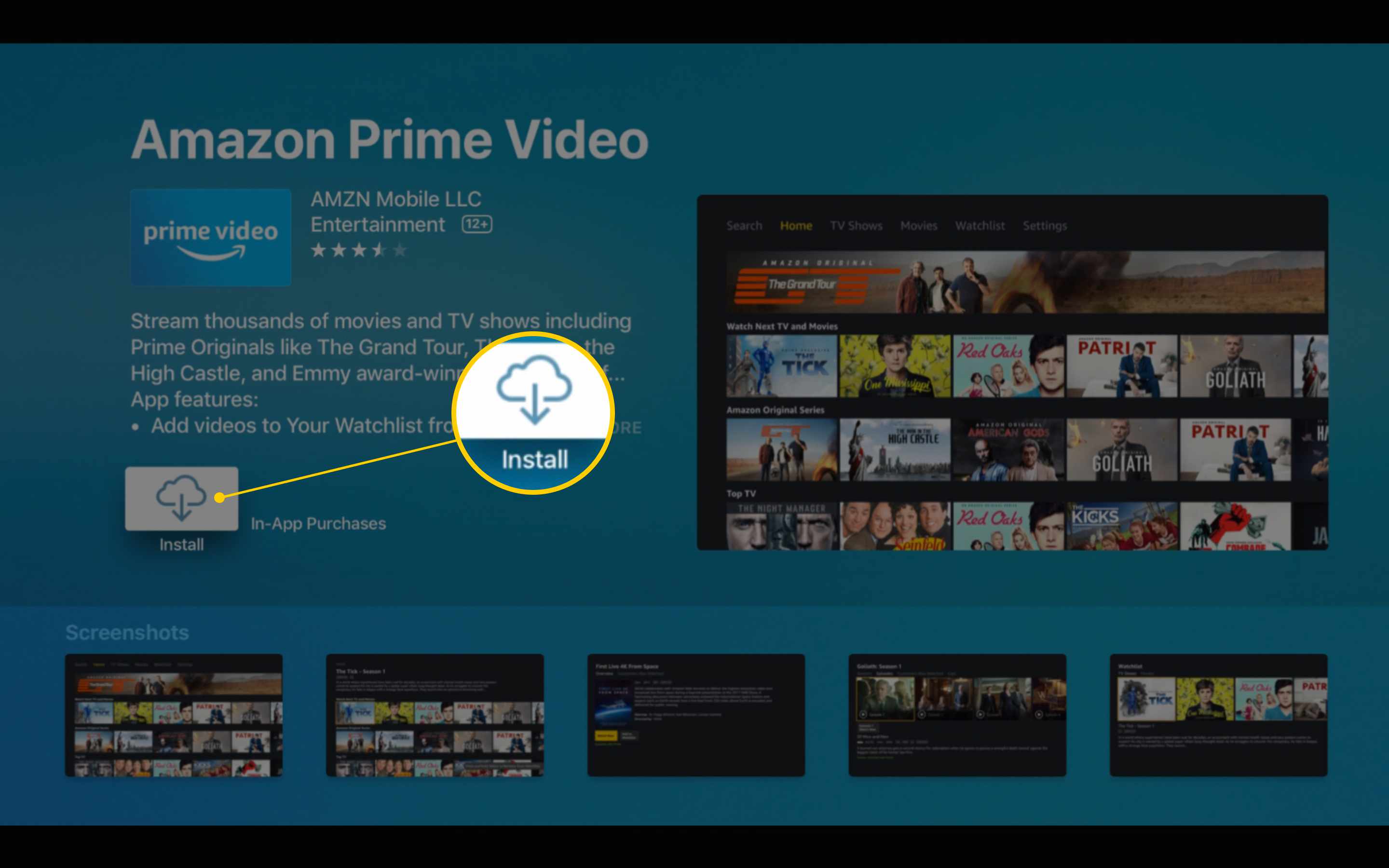 Installera ikonen i Amazon Prime Video-appbeskrivningsskärmen på Apple TV