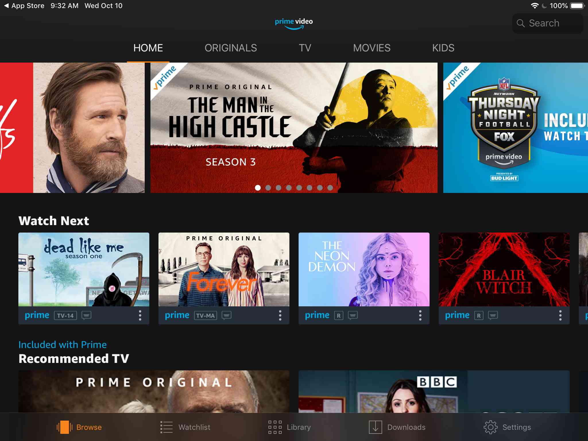 Huvudskärm för Amazon Prime Video på iPad
