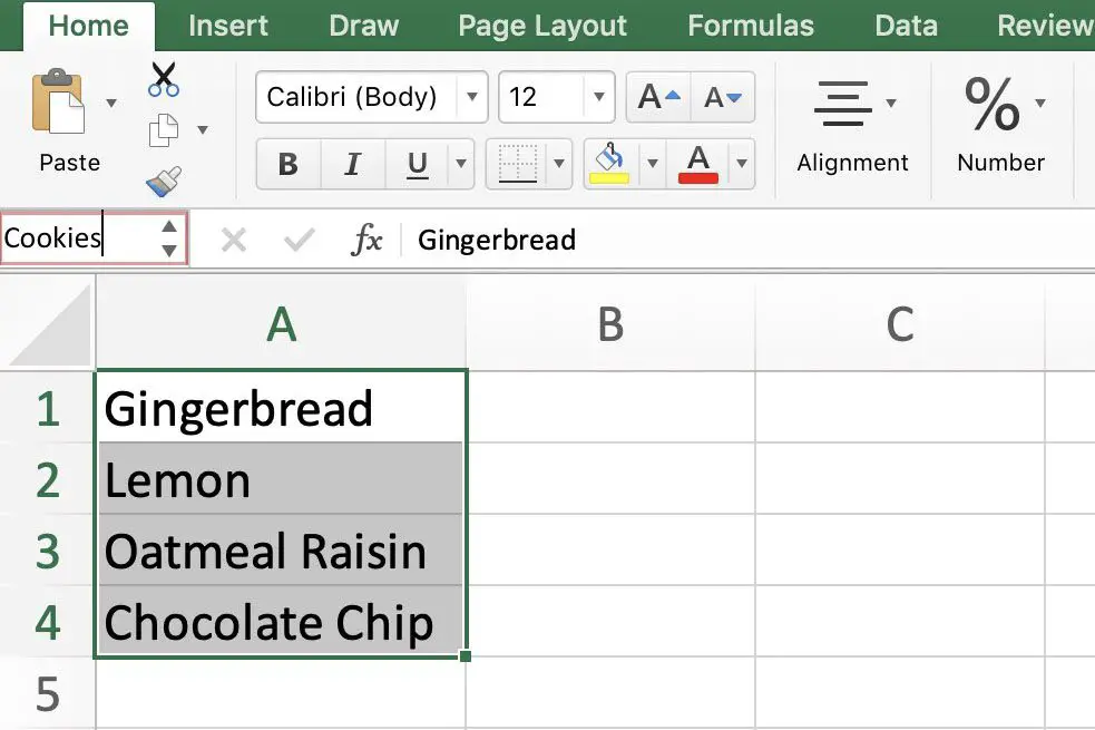 Excel-kalkylblad som innehåller ett namngivet intervall.