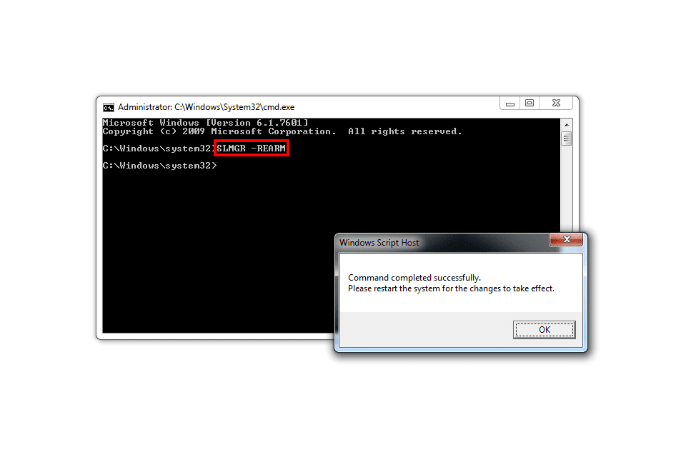 Skärmdump av kommandot 'slmgr -rearm' i en Windows 7-kommandotolk