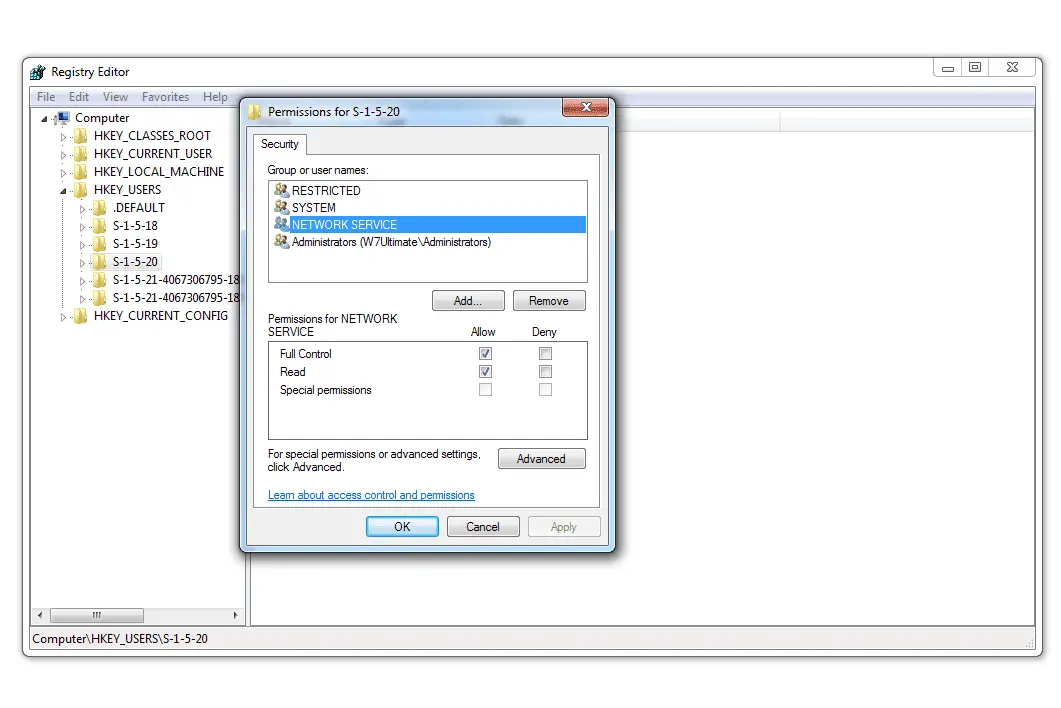 Skärmdump av registerbehörigheter i Windows 7