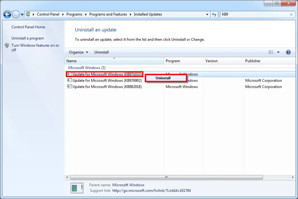 Skärmdump som visar hur man avinstallerar KB971033 i Windows 7