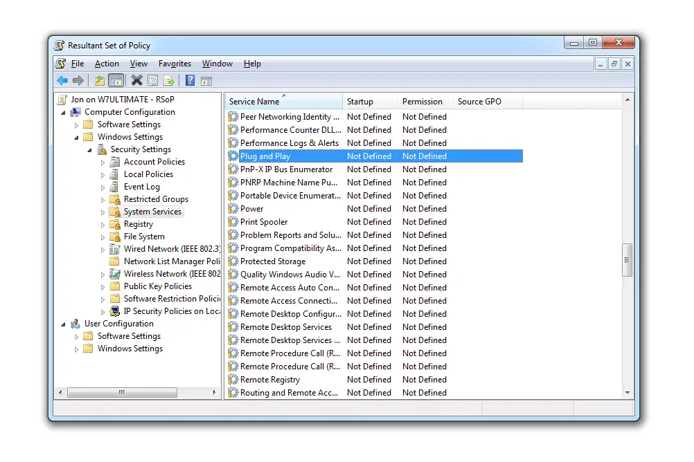 Skärmdump av Plug and Play-grupprincipobjektet i Windows 7