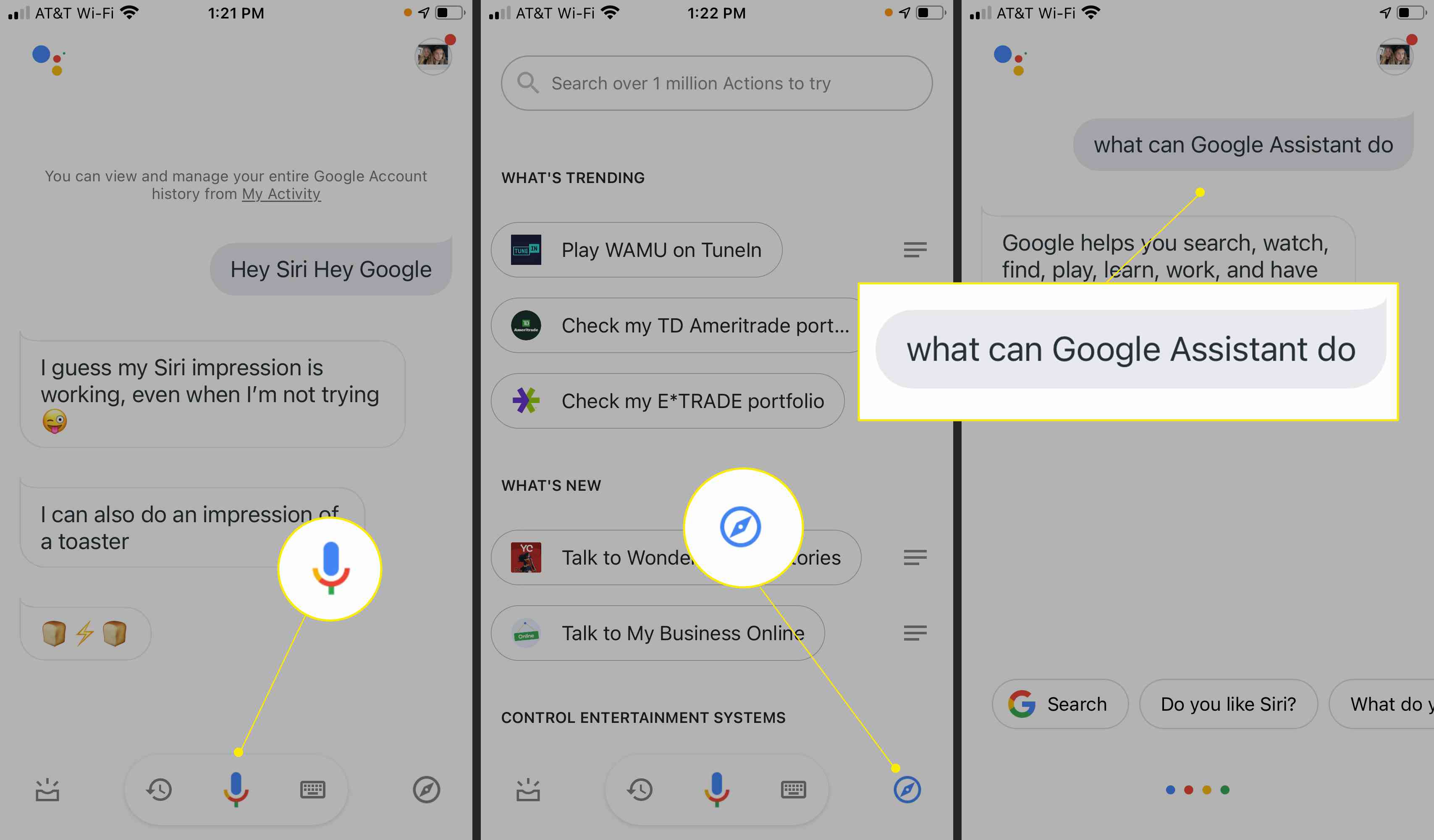 Google Assistant-appen med mikrofon, kompass och "Vad kan Google Assistant göra" markerad