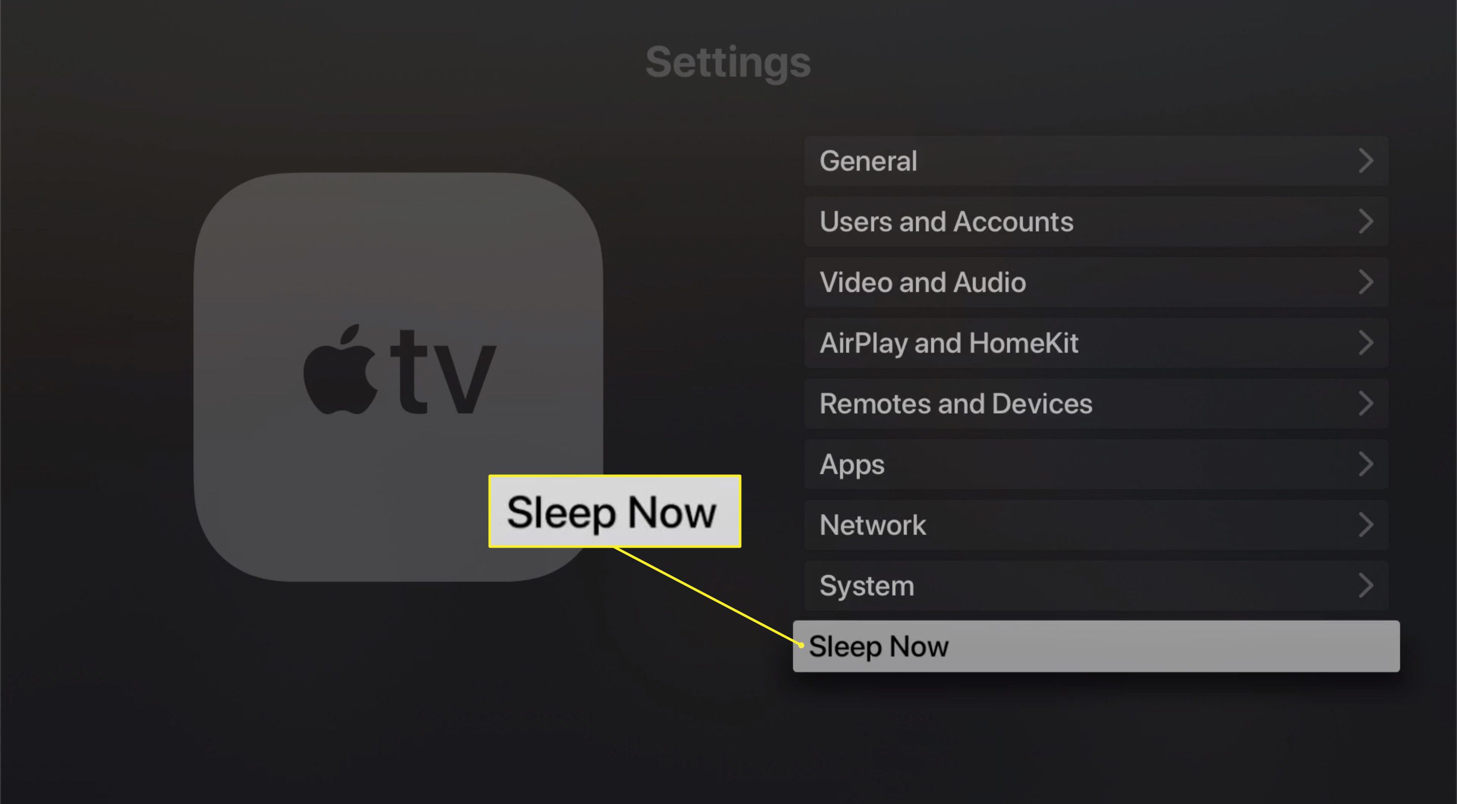 Sleep Now-knappen på Apple TV