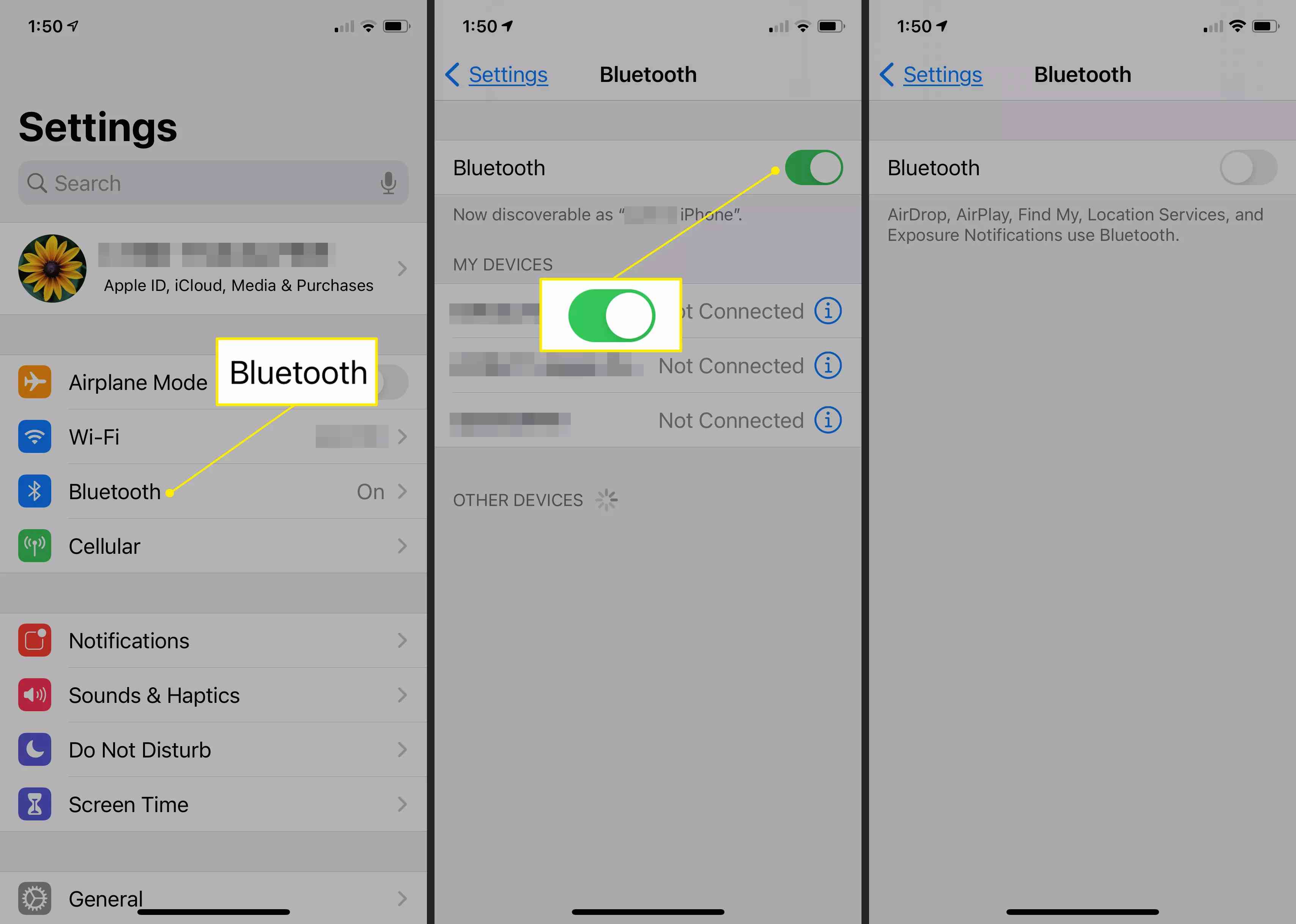 iPhone-inställningar som visar Bluetooth-inställningarna