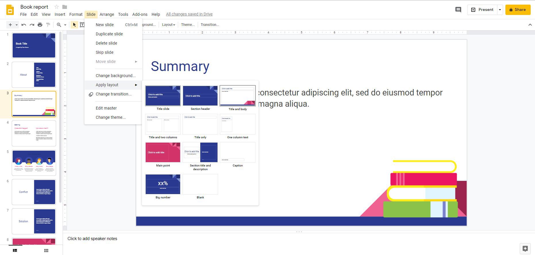 Skärmdump av Layout i Google Slides